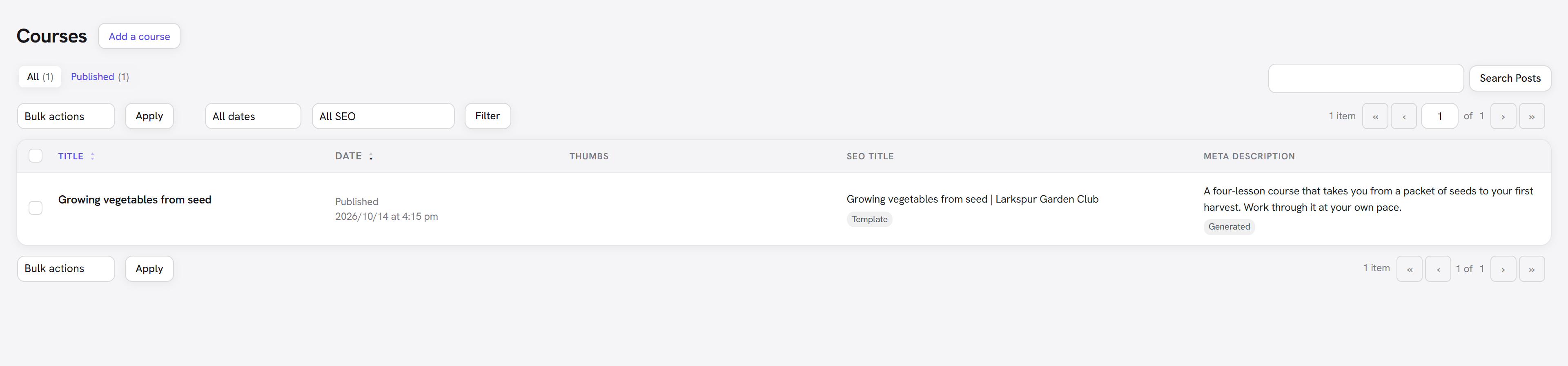 The Courses list in the WordPress admin