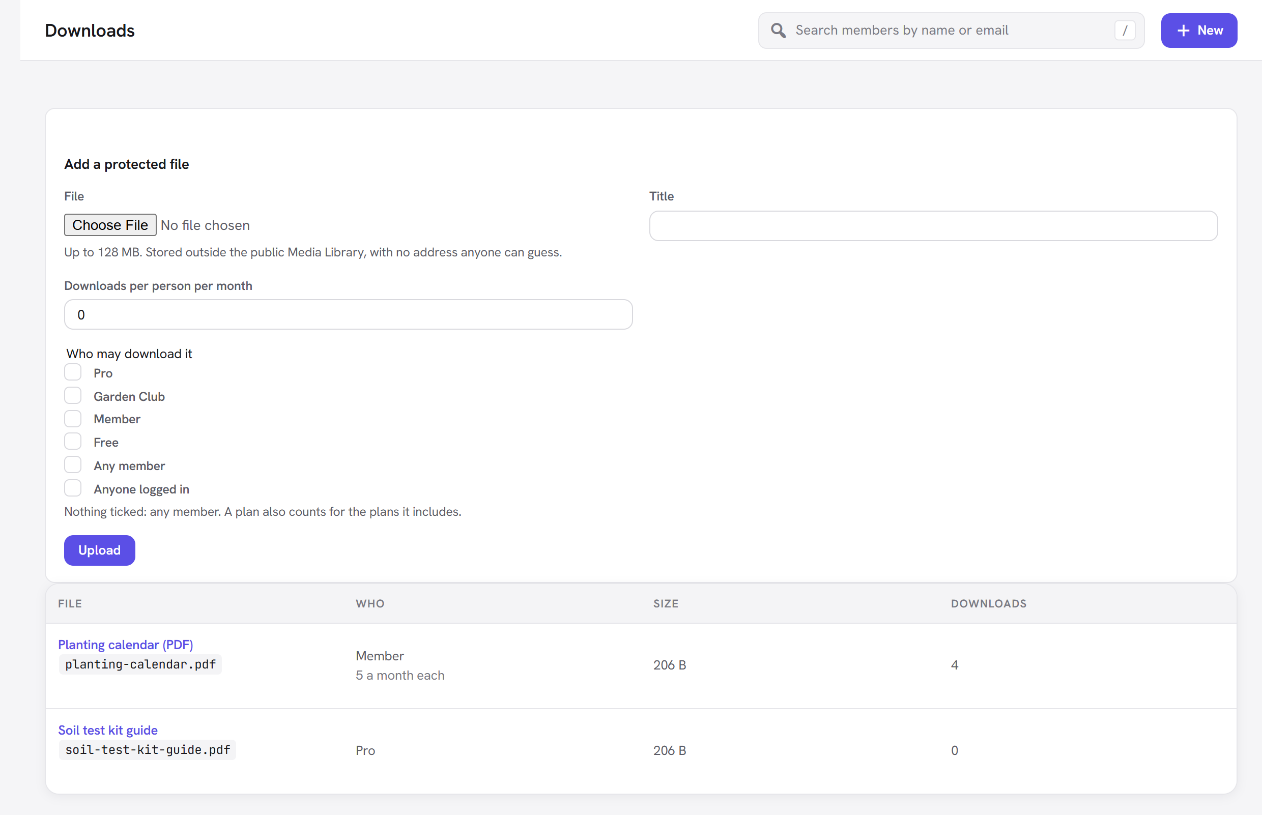 The Membership Downloads screen with the upload form and the list of files