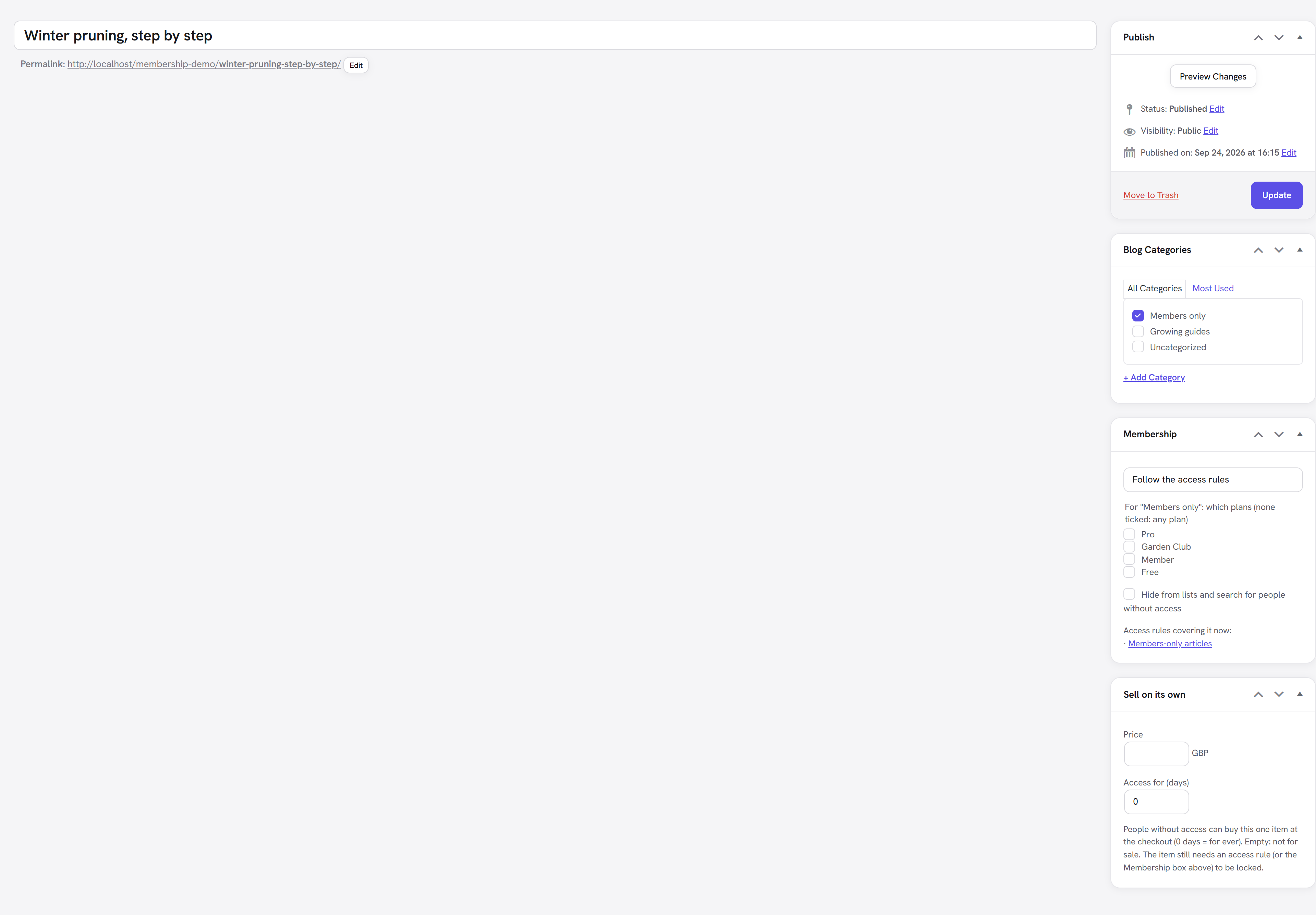 The Membership box in the WordPress page editor with the access choice, plans and the rules covering the page