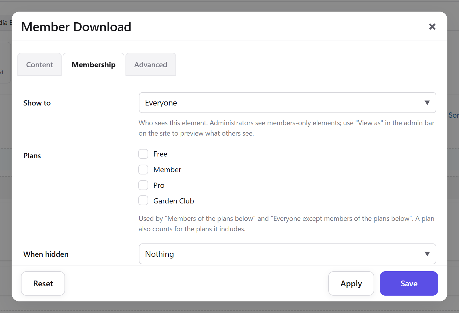 The Membership tab of an element in the page builder with Show to, Plans and When hidden