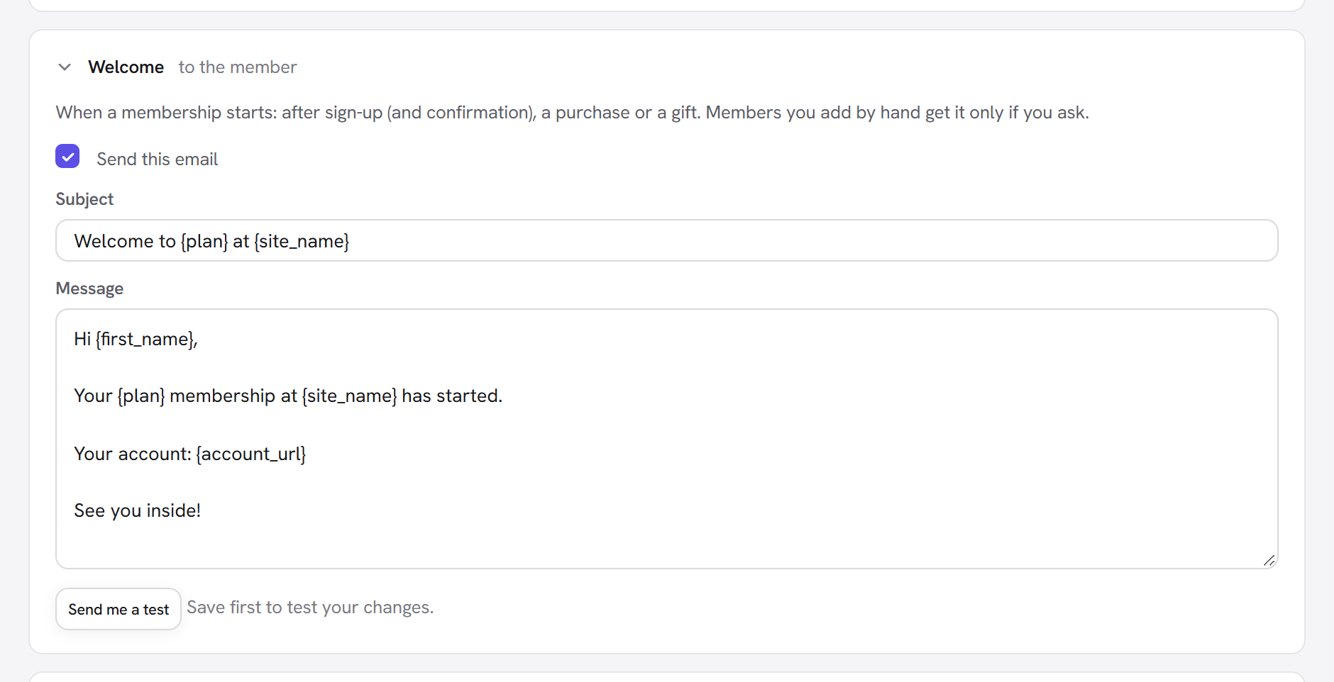 One email opened for editing: the Send this email box, the subject, the message and the Send me a test button