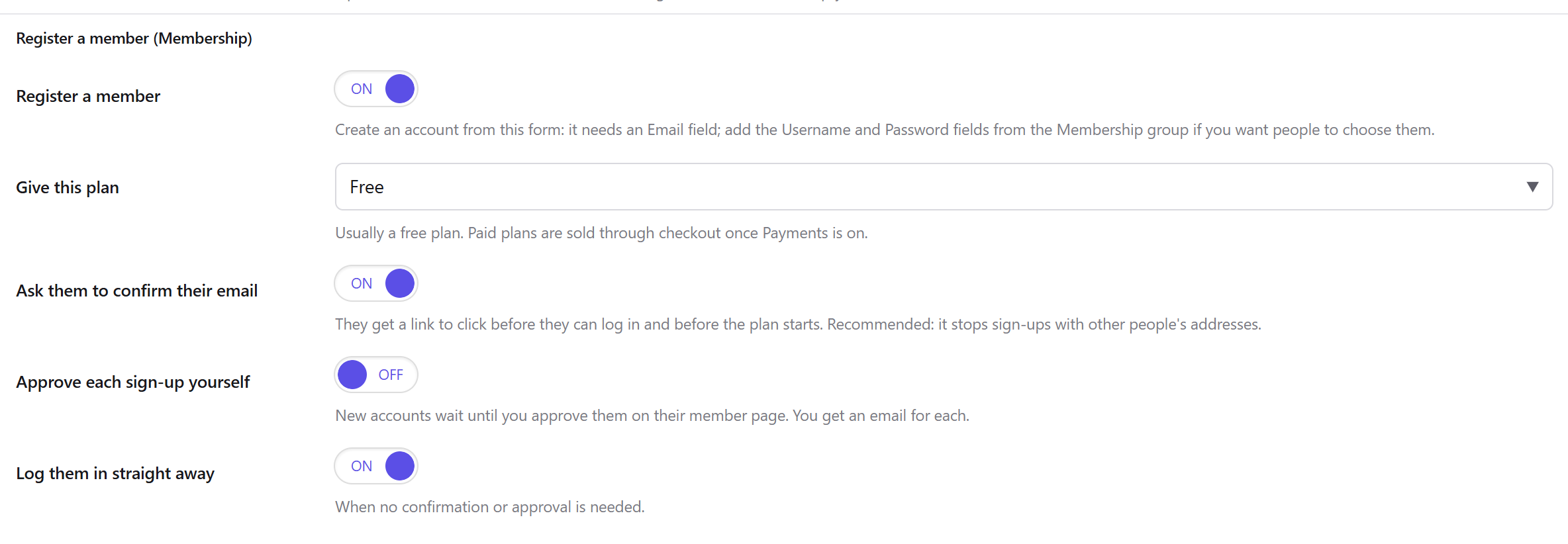 The Register a member action in a contact form's settings, with the plan to give and email confirmation