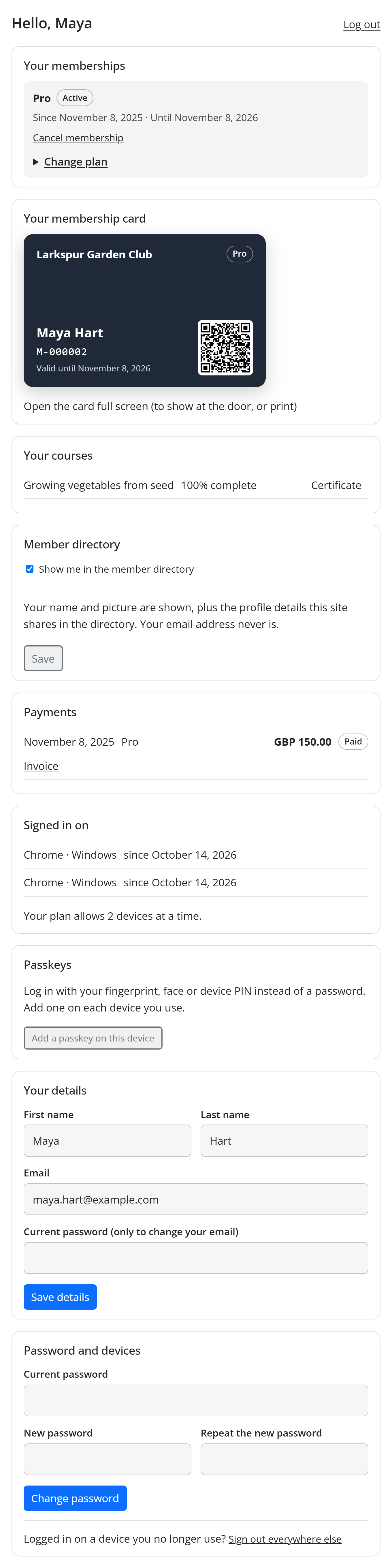 The member account page on the front end with the member's memberships, card, courses, payments and account sections