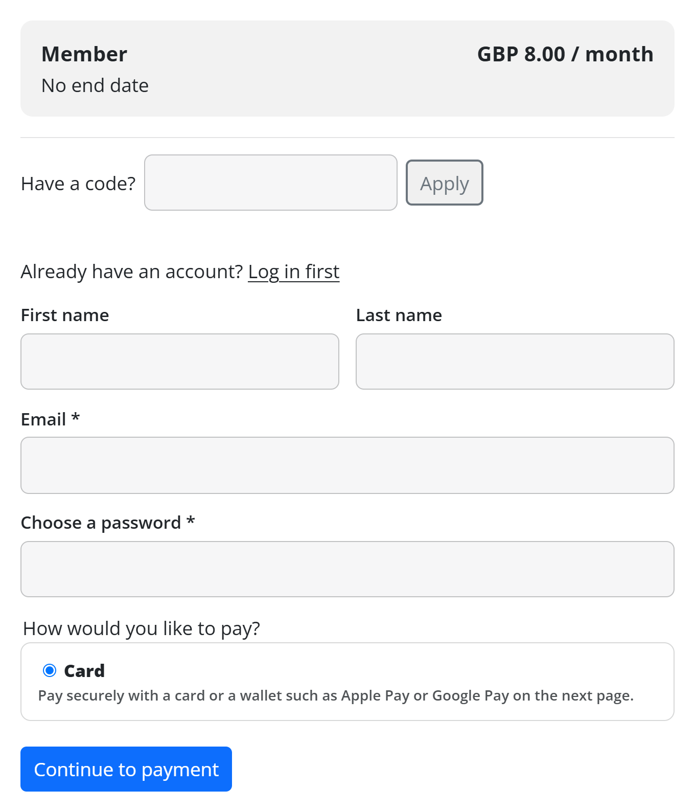 The Membership Checkout element: the plan summary (GBP 8.00 / month, No end date), the Have a code? box, the account fields and the ways to pay