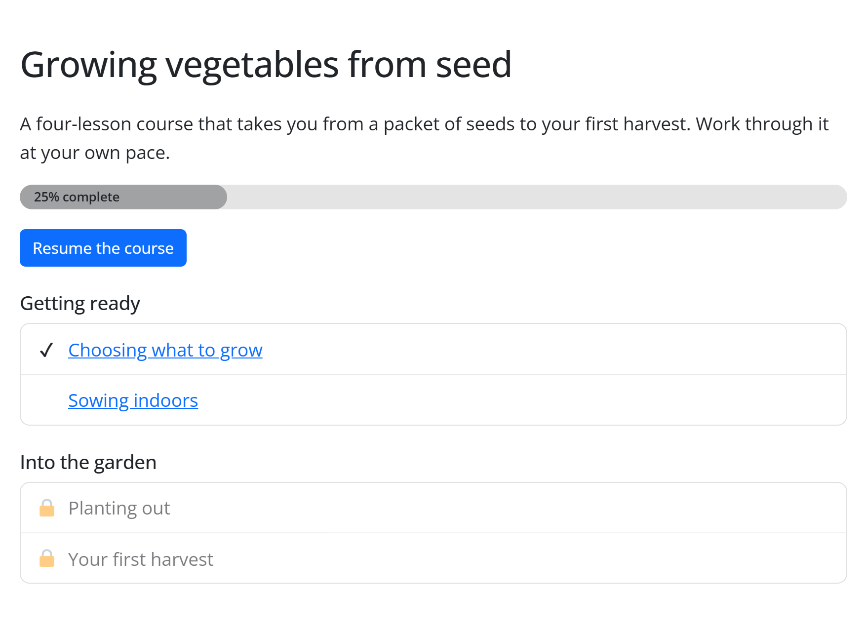 A course page on the front end, with the progress bar and outline