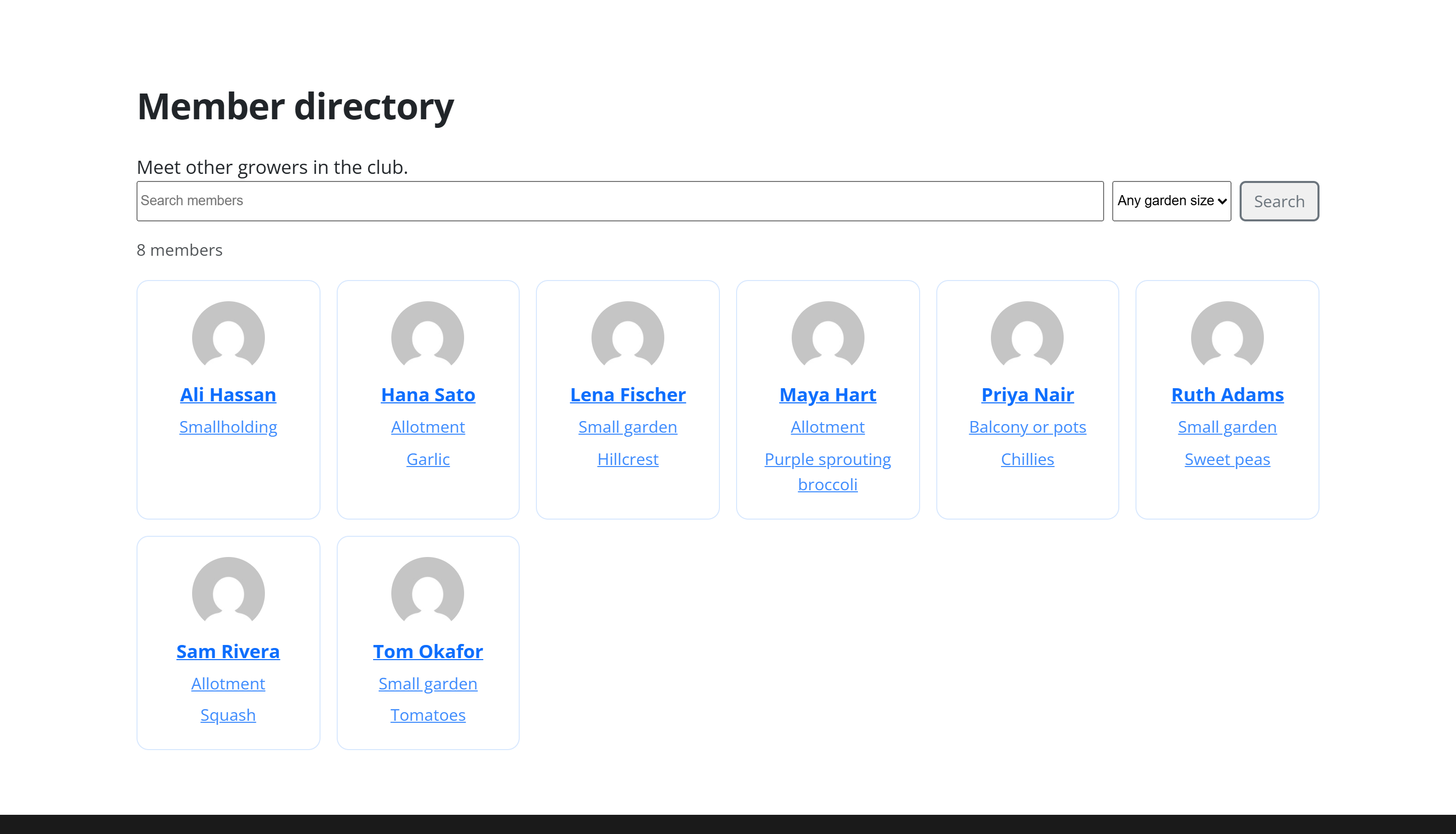 The member directory on the front end, showing members with the profile details the site shares