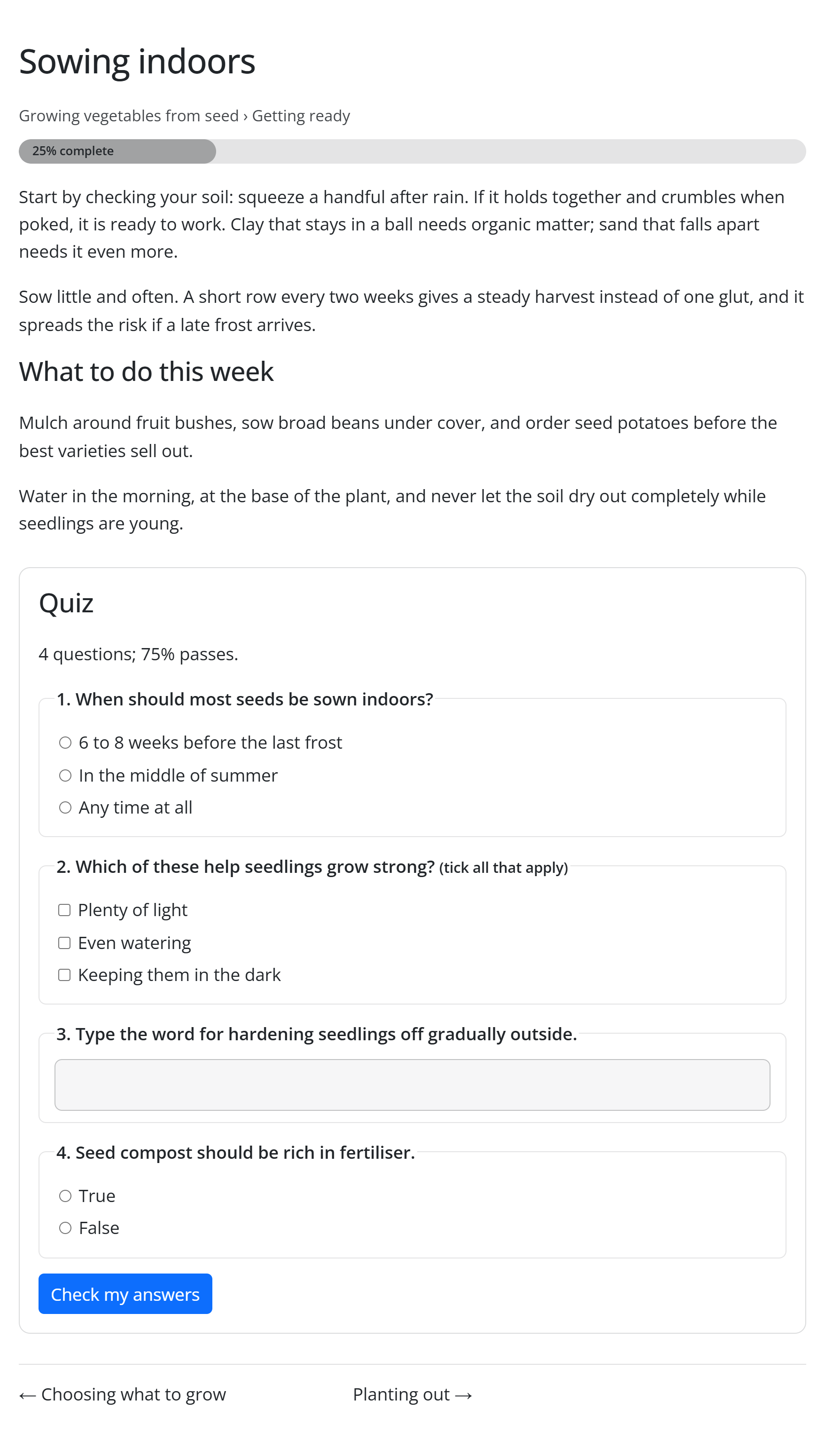 A lesson with its quiz on the front end