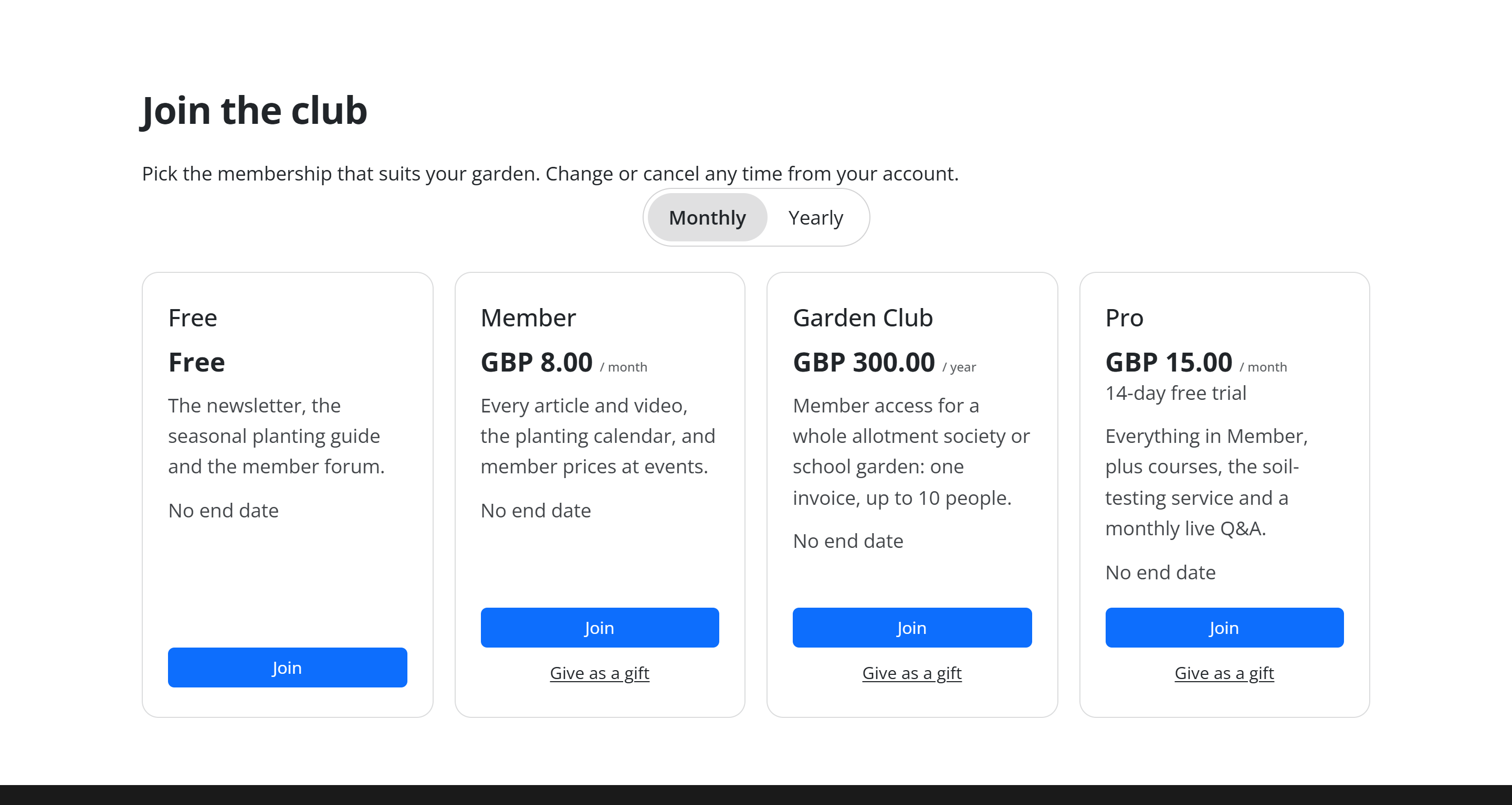 The Pricing Plans element on the front end: Free, Member, Garden Club and Pro side by side under a Monthly / Yearly switch, each with a Join button and a Give as a gift link under the paid plans