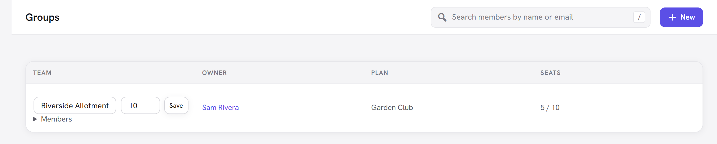 The Membership Groups screen listing teams