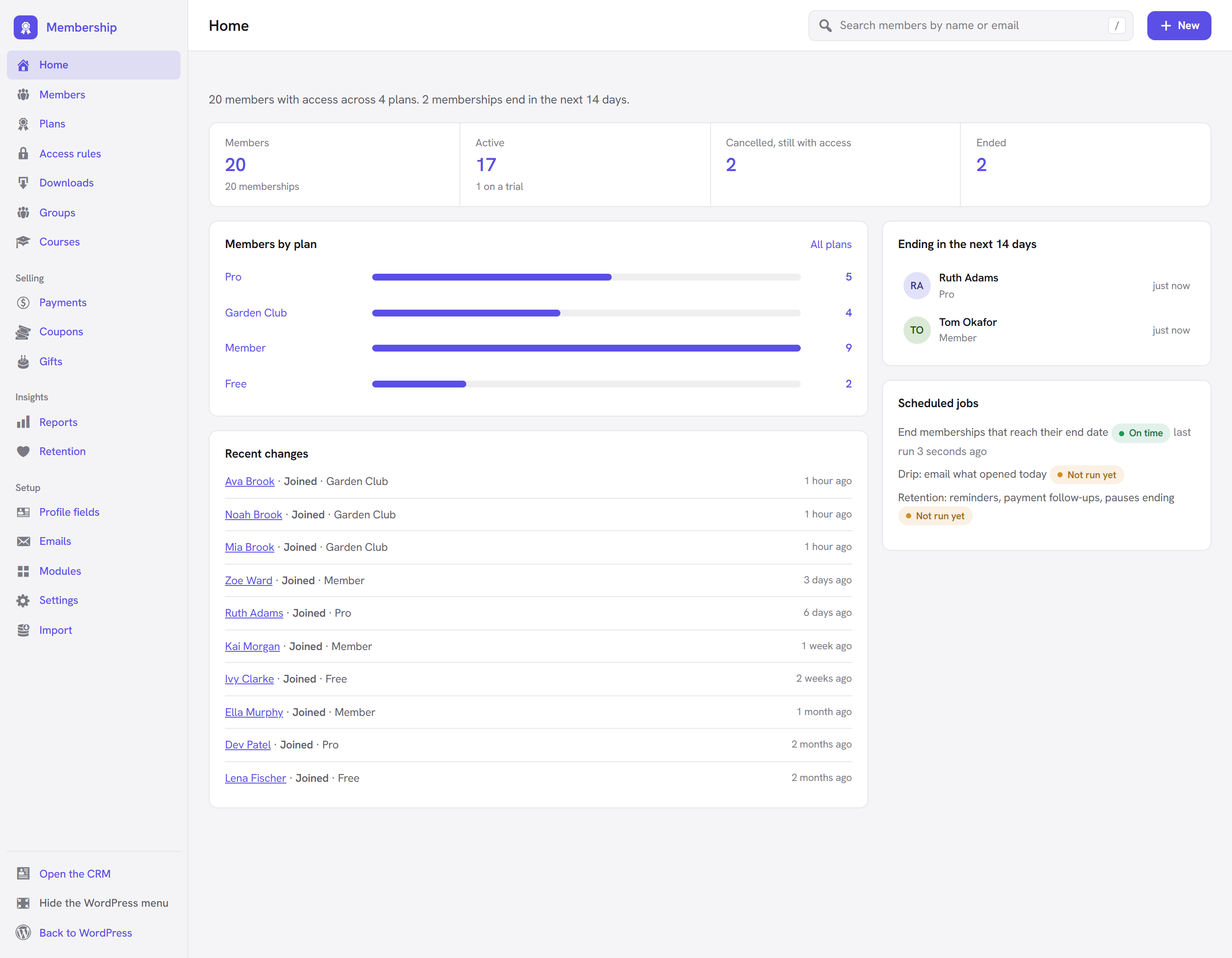 The Membership Home screen in WordPress with member counts, members by plan, recent changes, memberships ending soon and the scheduled jobs card
