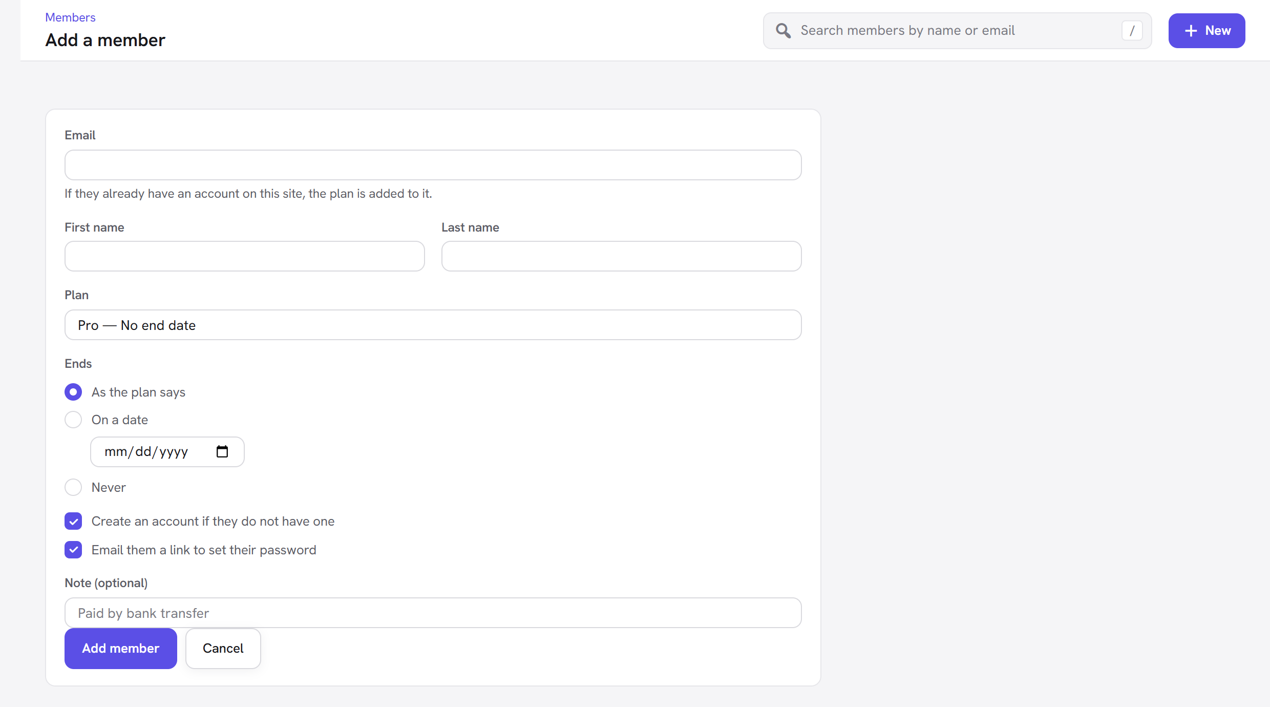 The Add a member form with email, name, plan, end date, account options and a note