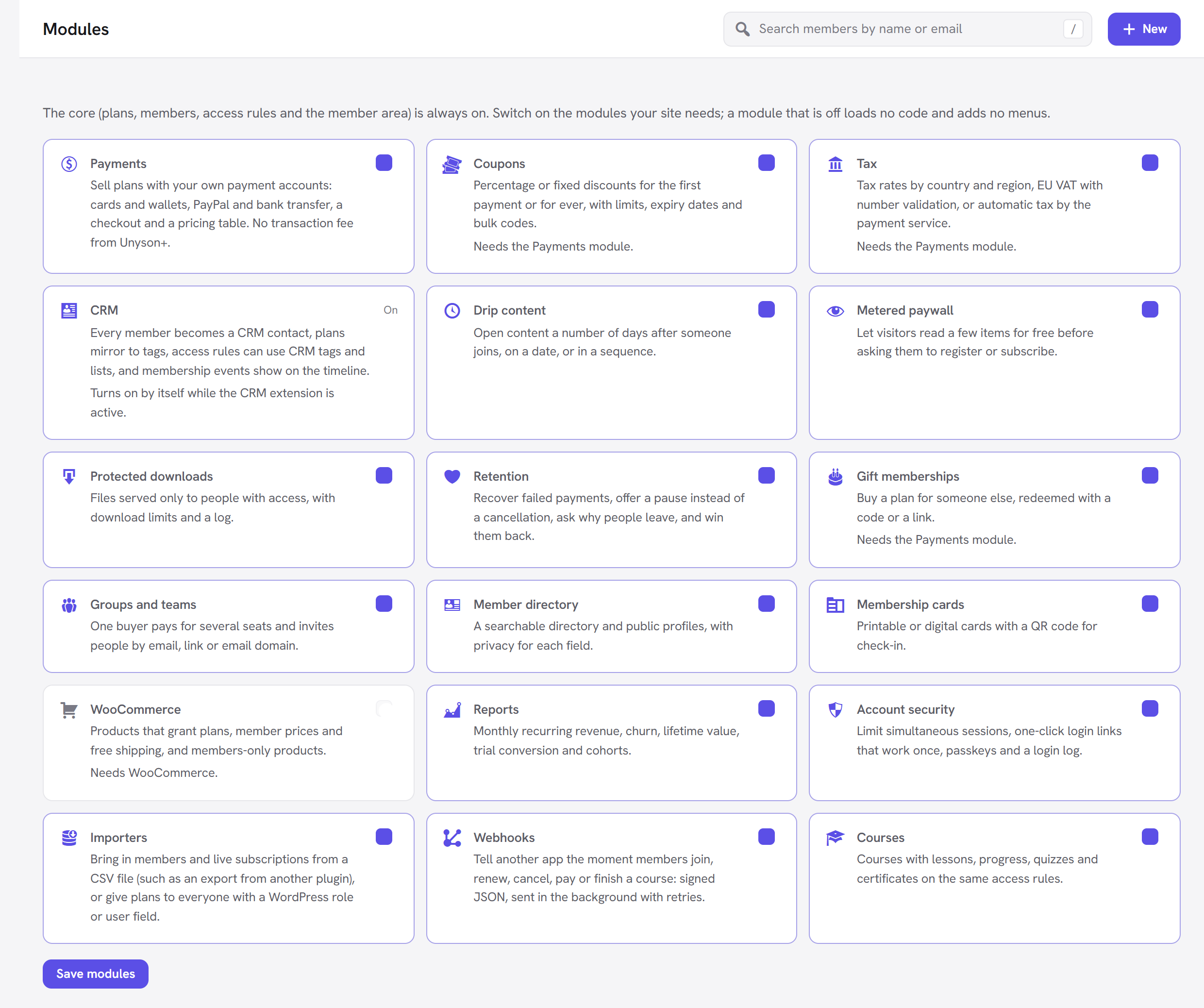 The Membership Modules screen with the Drip content module