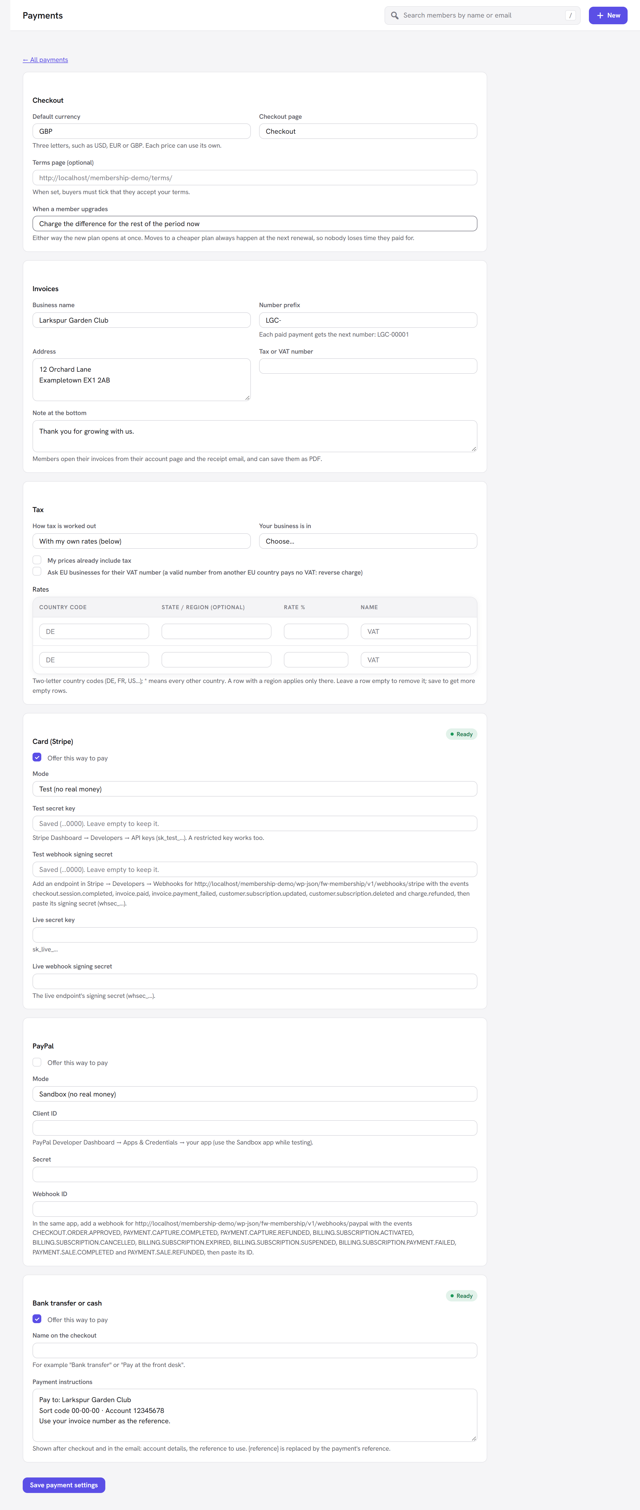 Payment settings: checkout, invoices and the ways to pay