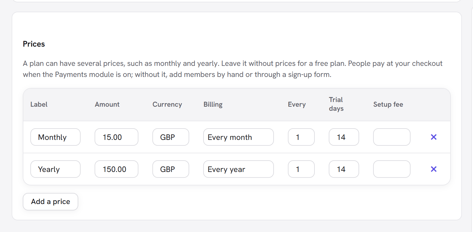 The Prices table on a plan, with a monthly and a yearly price