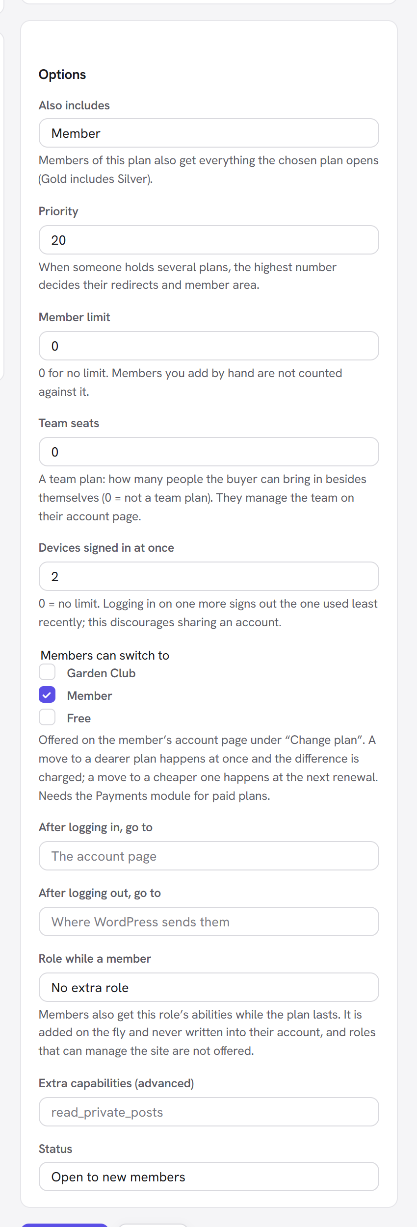The Options panel on a plan: also includes, priority, member limit, switching, redirects, role and status