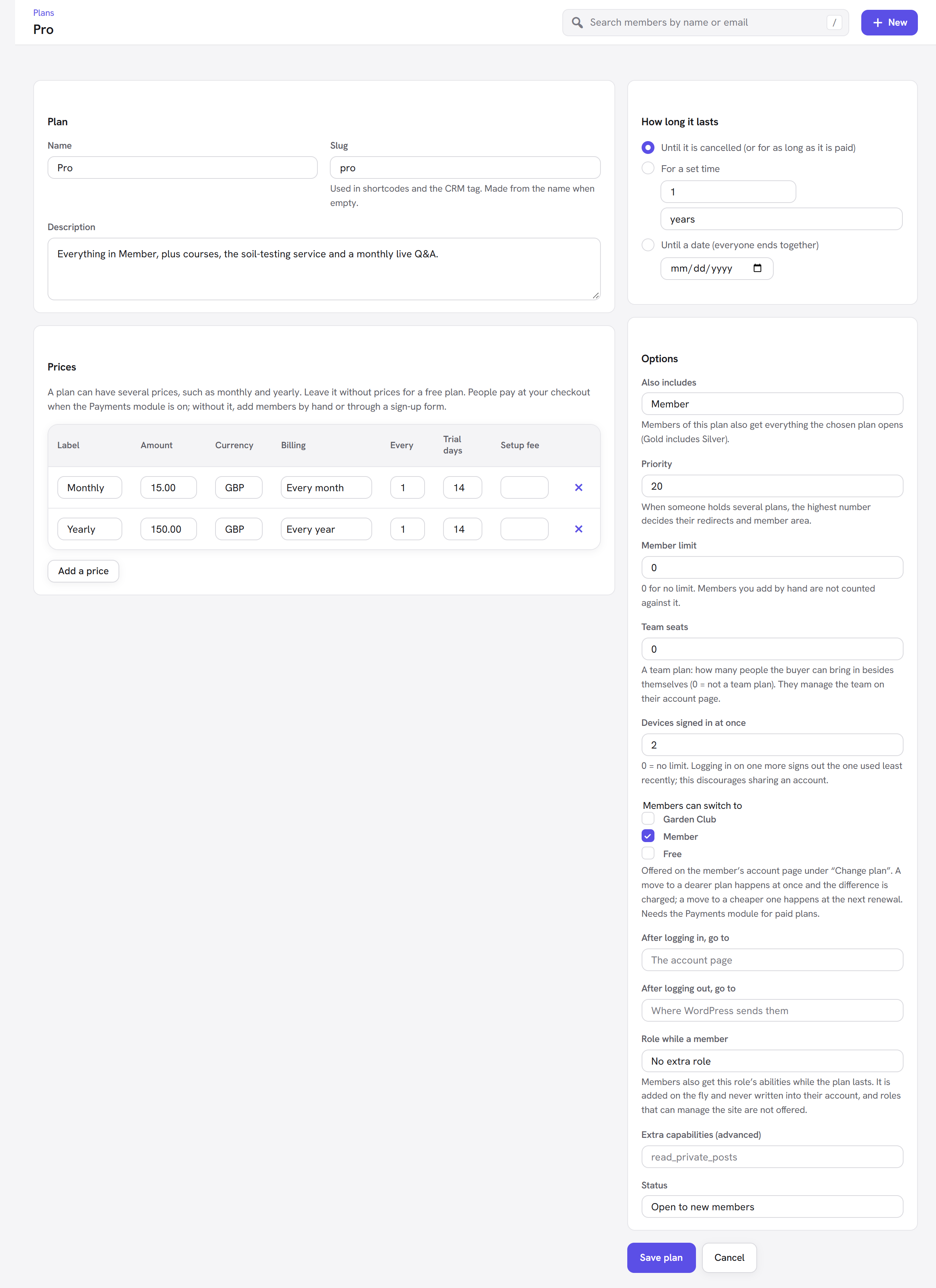 The plan edit screen: the Plan panel with name, slug and description, the Prices table, How long it lasts and Options