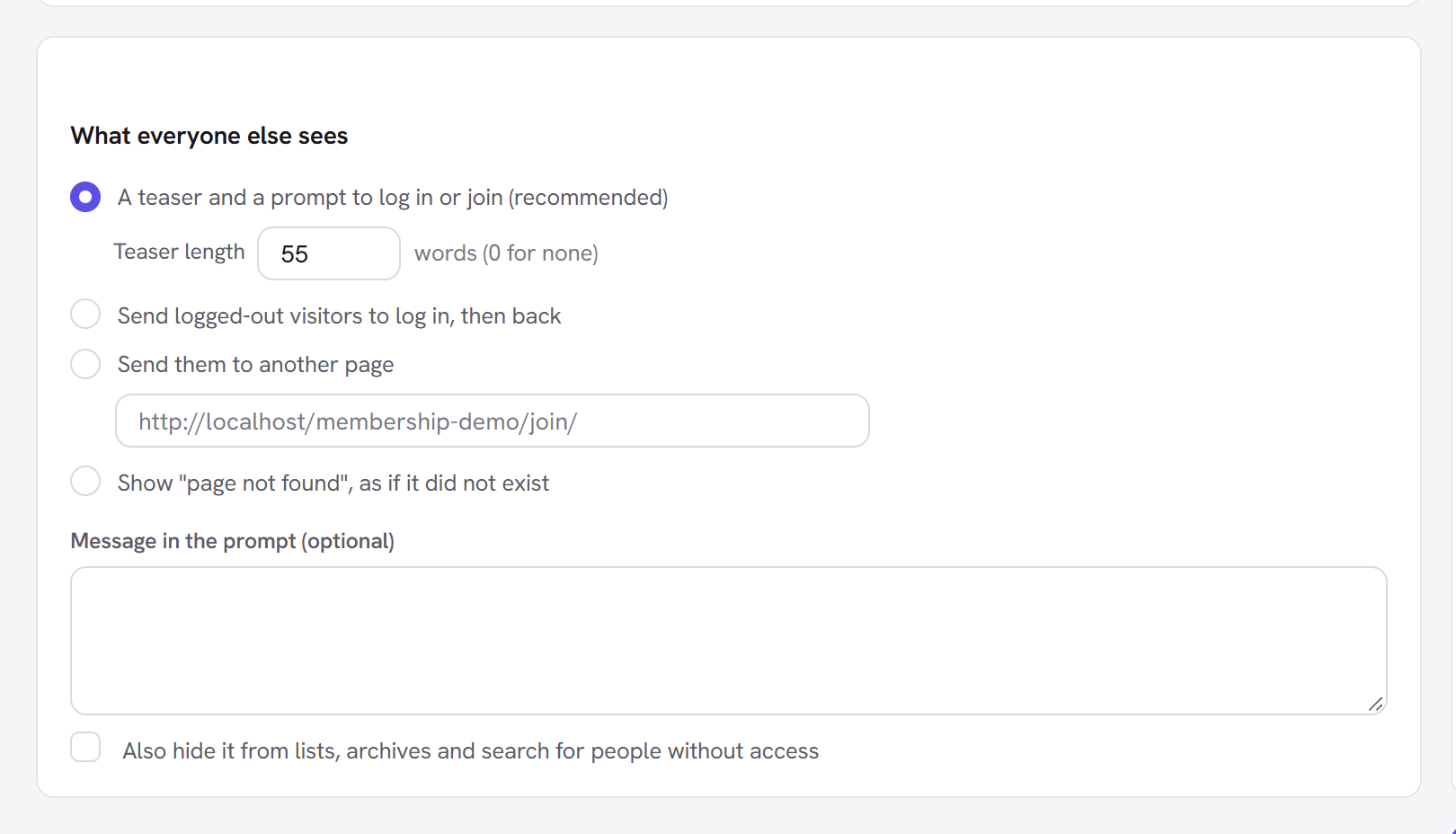What everyone else sees: a teaser and a prompt, log in, another page or page not found