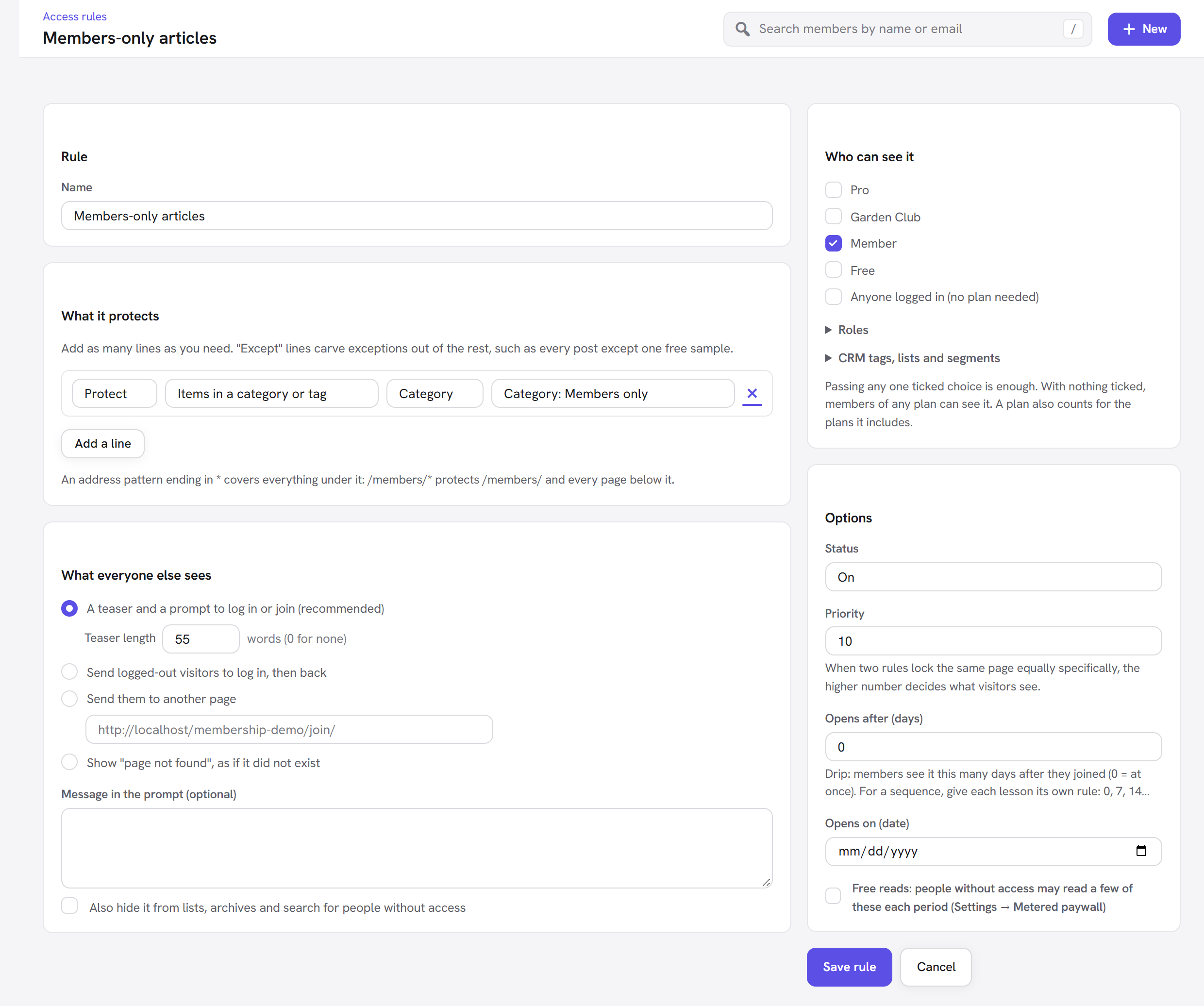 An access rule being edited, with the drip fields in the Options panel