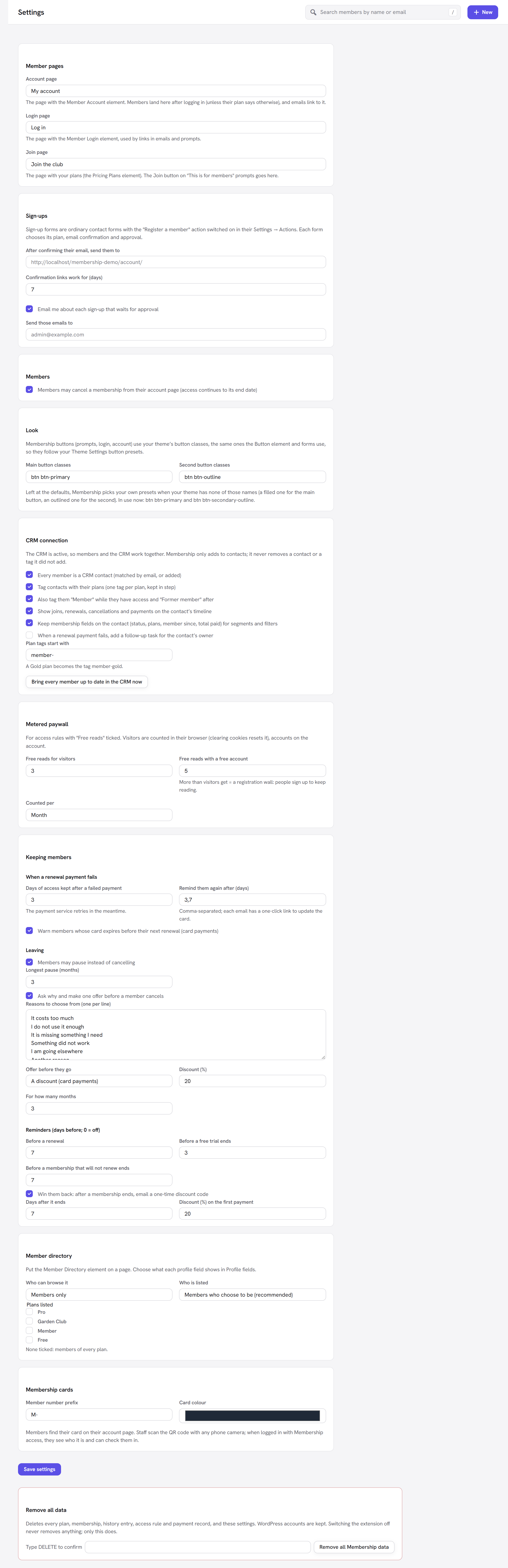 The Membership Settings screen: Member pages (Account page, Login page, Join page), Sign-ups, Members and Look, then the module panels (CRM connection, Metered paywall, Keeping members, Member directory, Membership cards), Save settings and the Remove all data panel