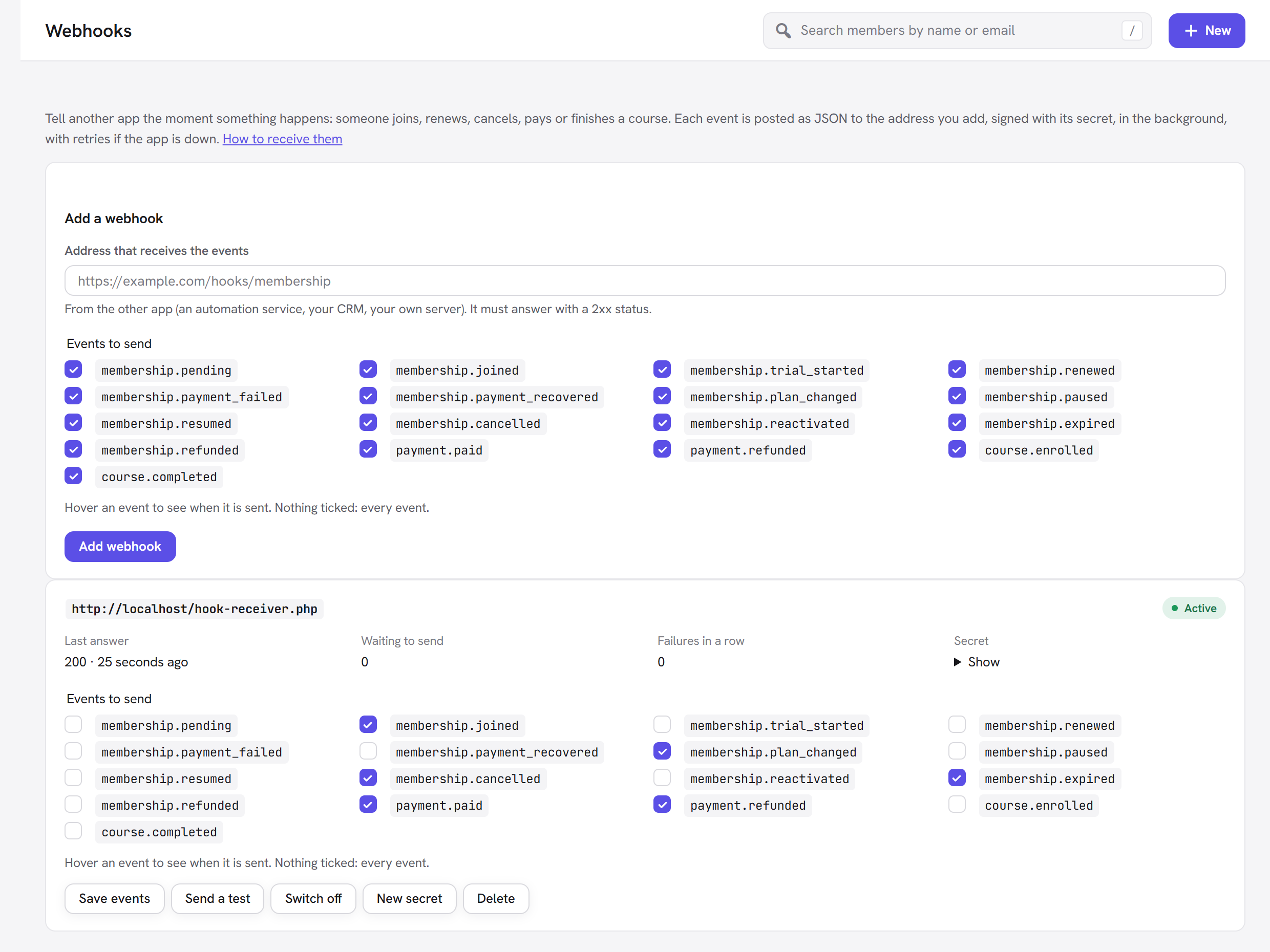 The Webhooks screen: the add form with every event, and a webhook with its last answer, waiting count, failures in a row and secret