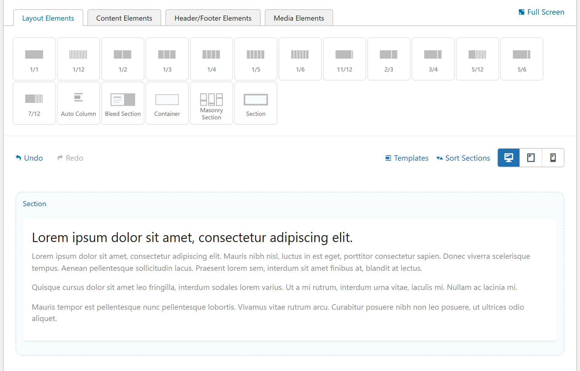 The Unyson+ Page Builder — element palette with a populated Section on the canvas