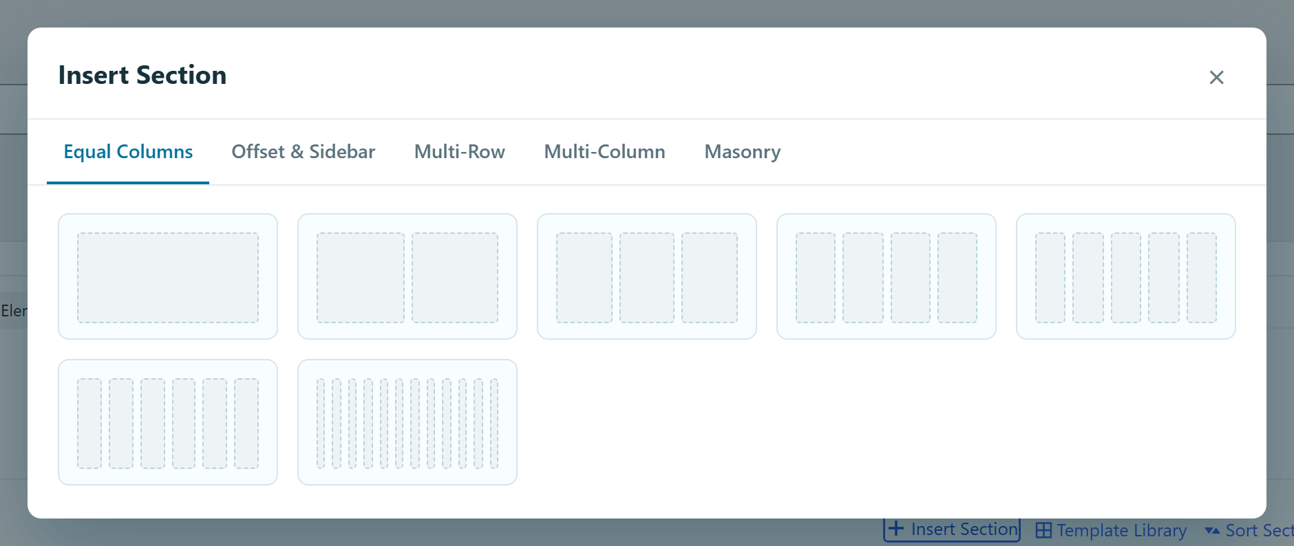 The Insert Section modal — the Equal Columns tab showing 1- to 12-column layouts