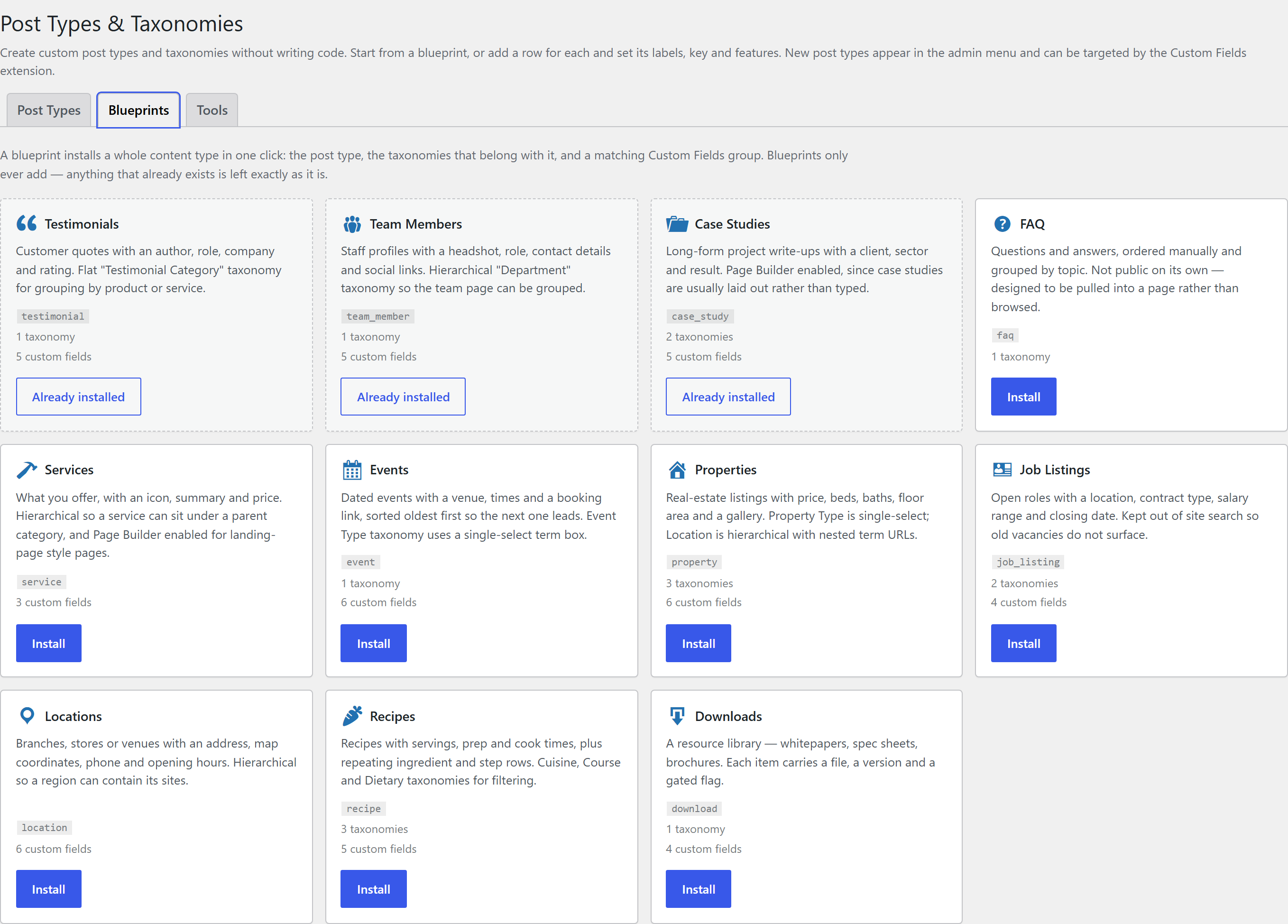The Blueprints tab — a card per ready-made content type