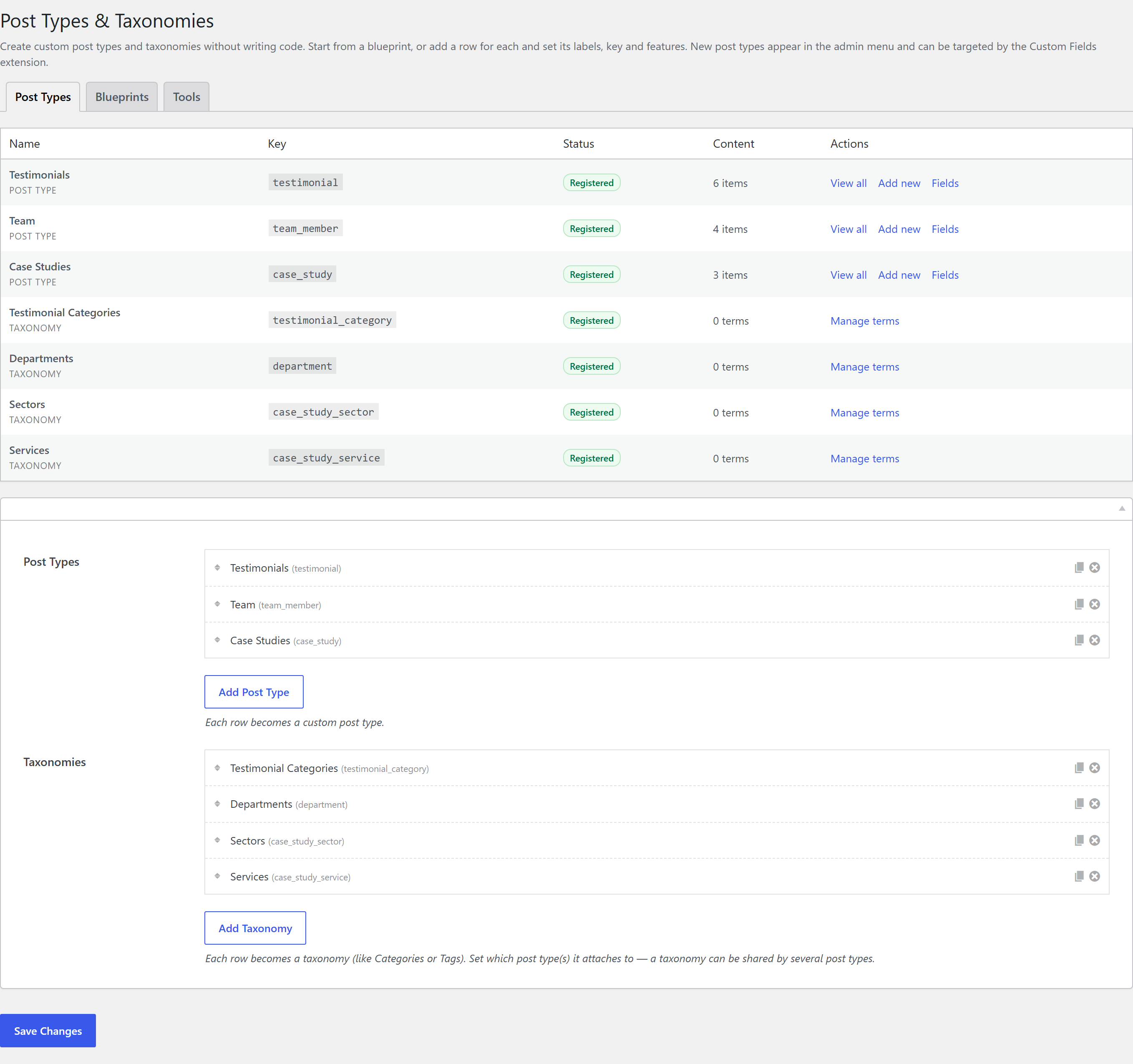 The Post Types & Taxonomies admin page