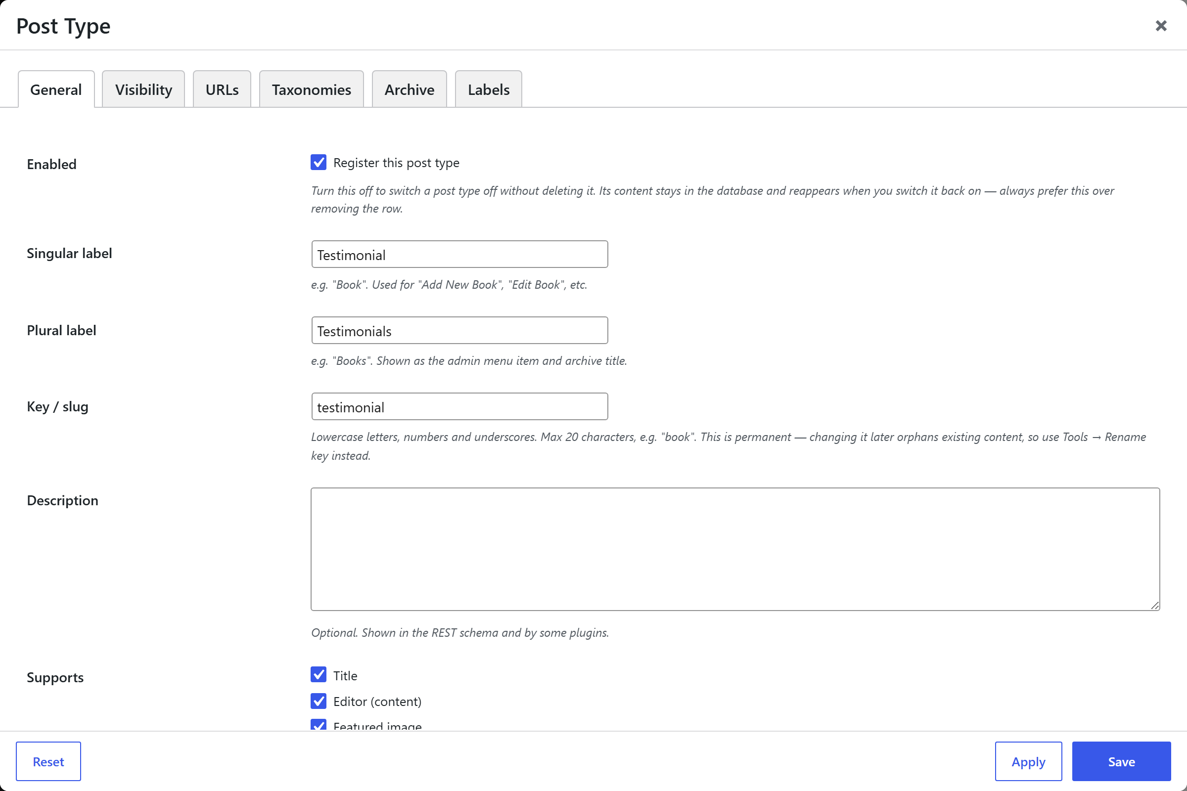 A post type's options popup, showing its General tab