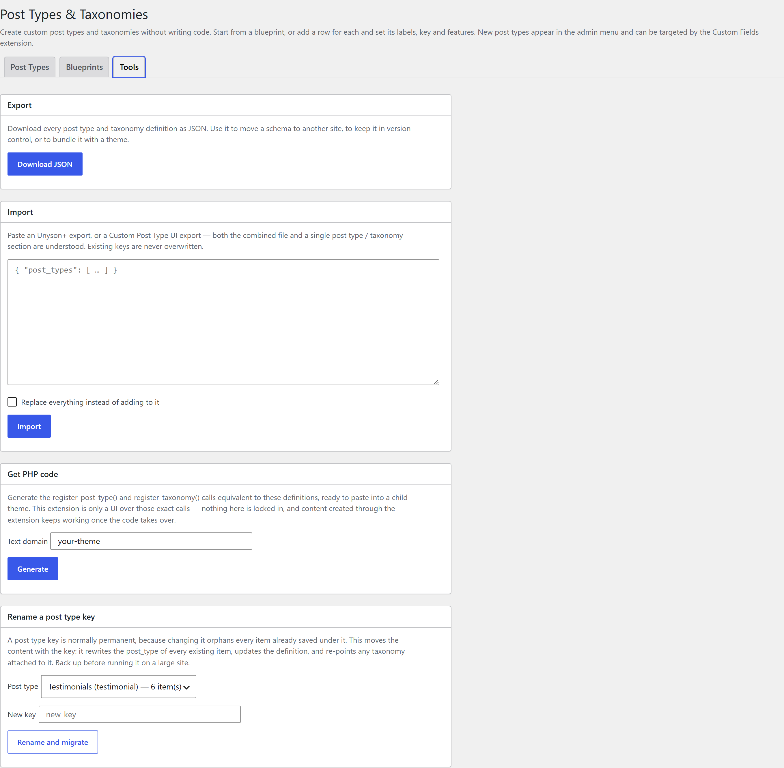 The Tools tab — Export, Import, Get PHP code and Rename a post type key