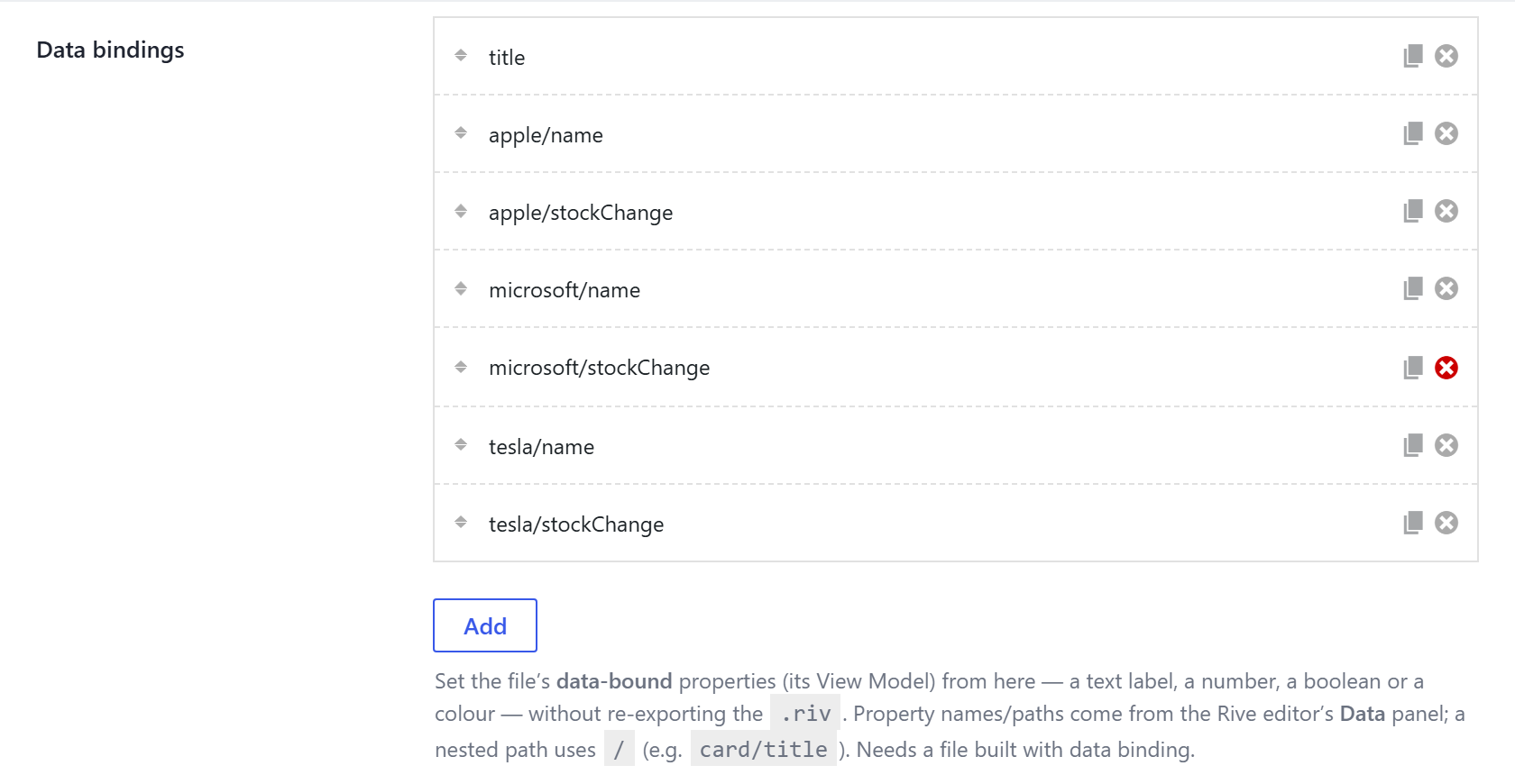 The Data bindings list — one row per property (title, apple/name, apple/stockChange, …), with an Add button to add more.