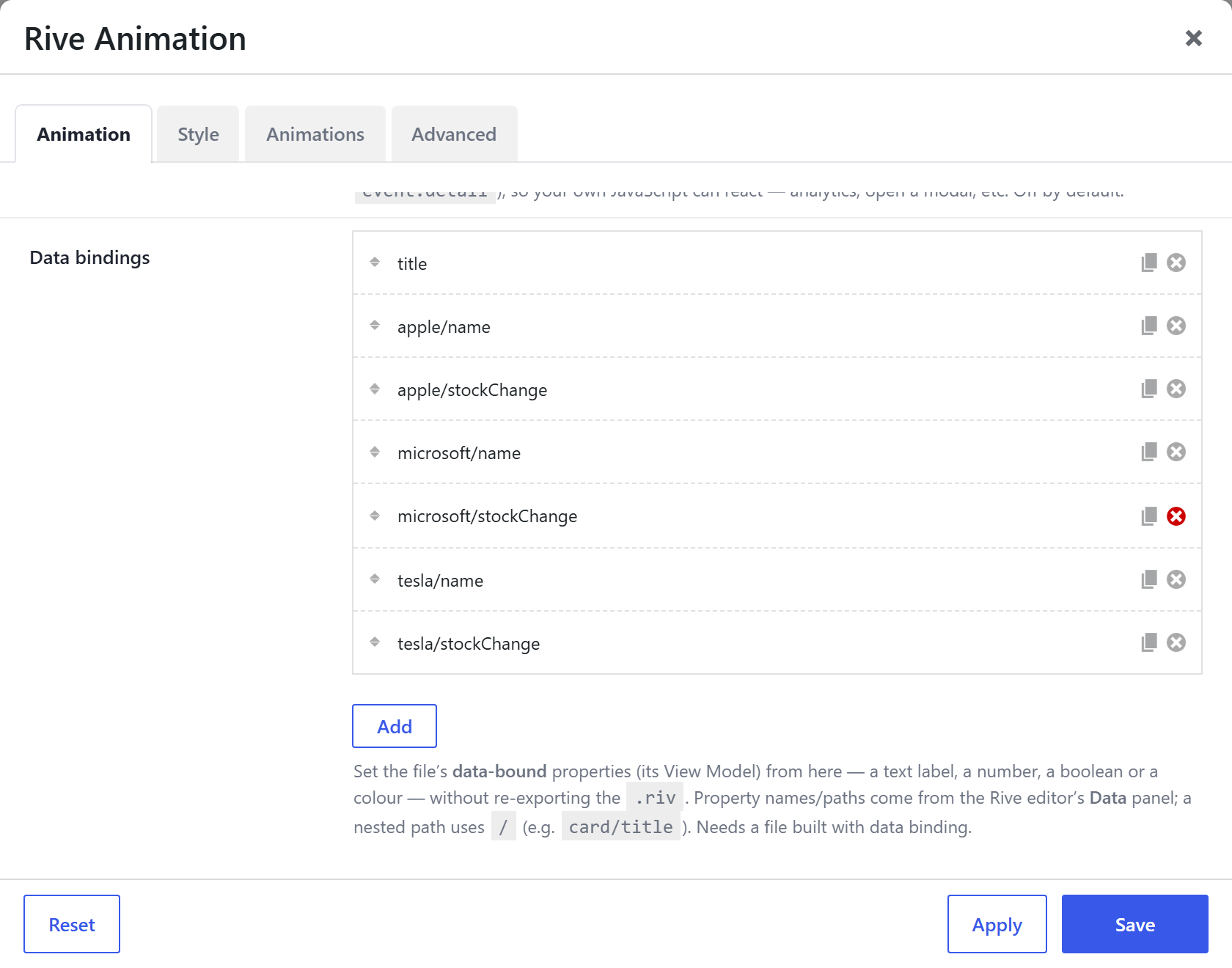 The Rive Animation element's option modal — the Animation tab, with the Data bindings list below the play settings, and the Style / Animations / Advanced tabs alongside.