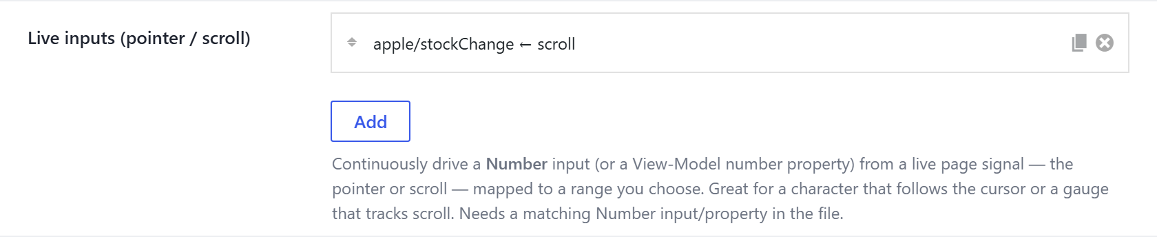 The Live inputs list with one row — apple/stockChange ← scroll — and an Add button.