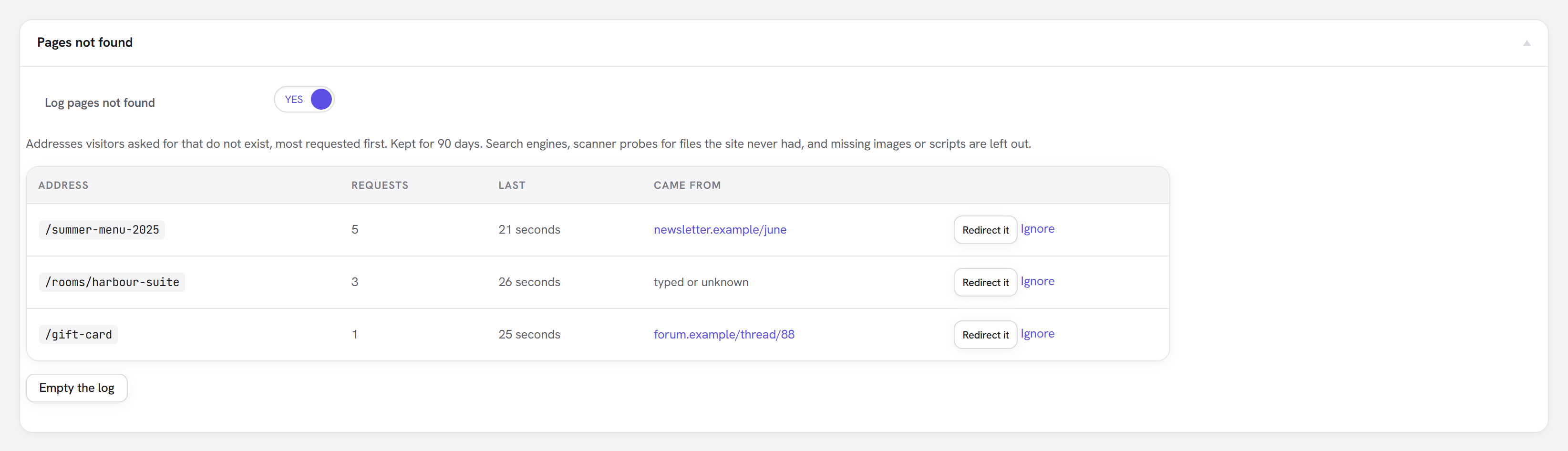 The 404s view: each address that was not found, with how many requests, when it was last asked for and where visitors came from, and a 'Redirect it' button