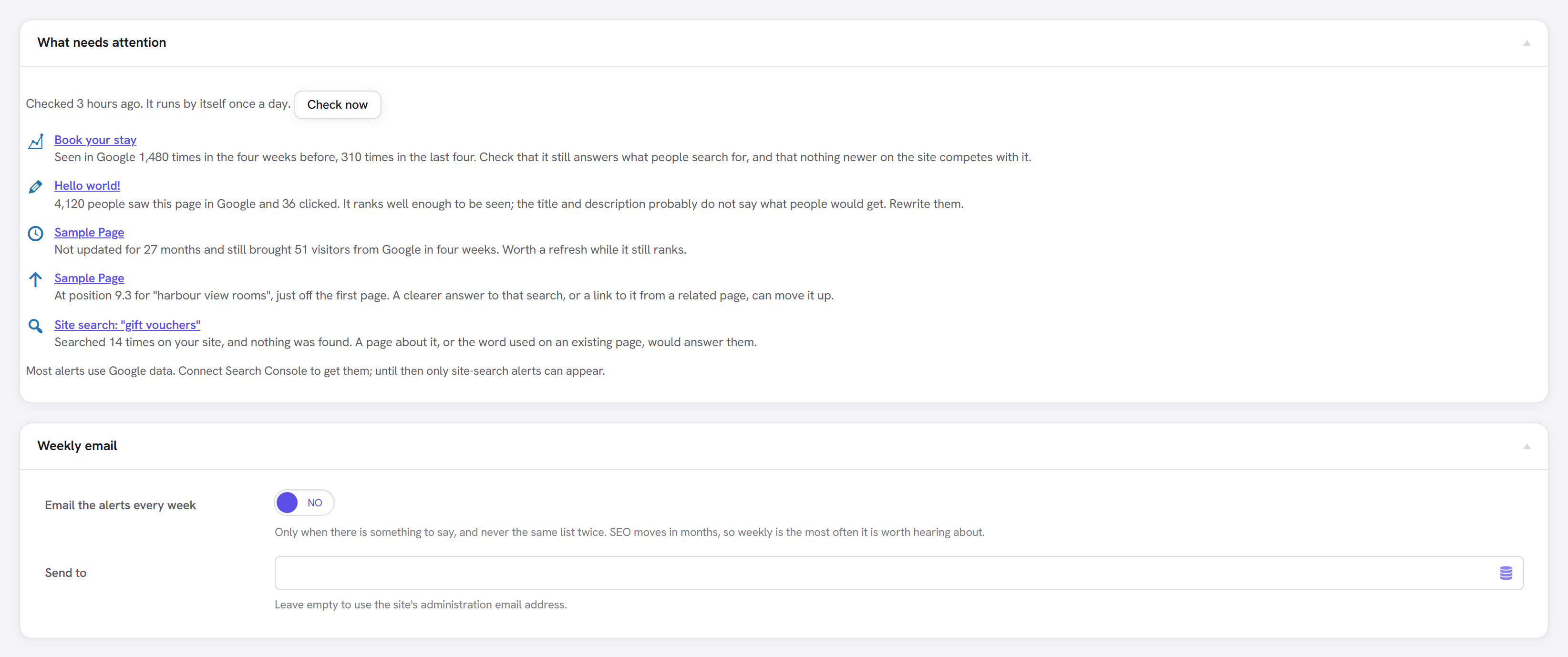 The Alerts view: the list of alerts with Check now, and the Weekly email settings below