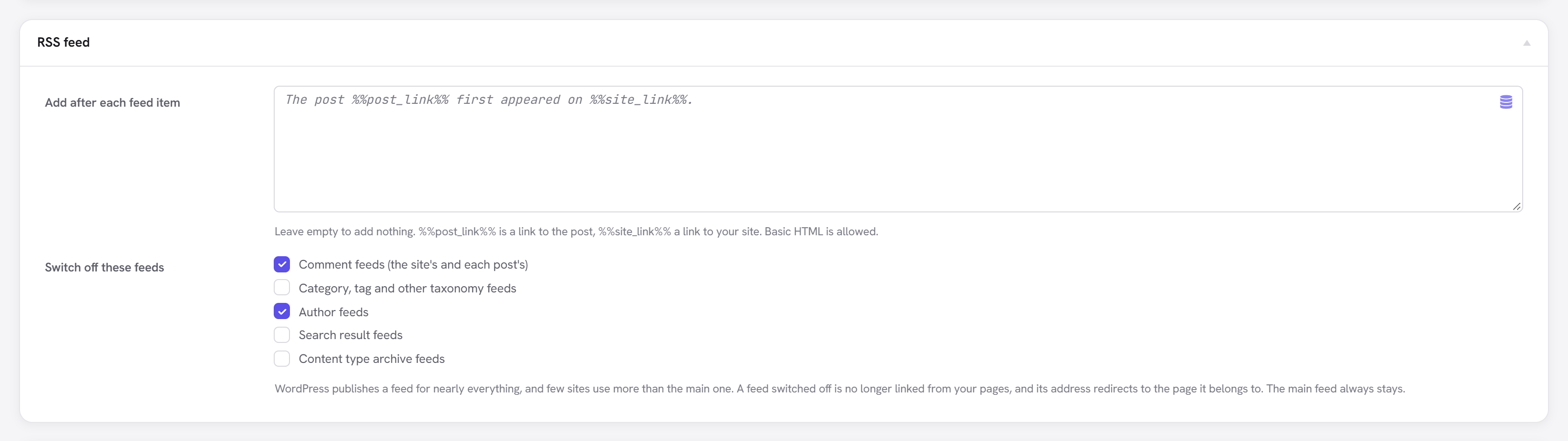 The RSS feed box: the link-back line, and checkboxes to switch off comment, taxonomy, author, search and content-type feeds
