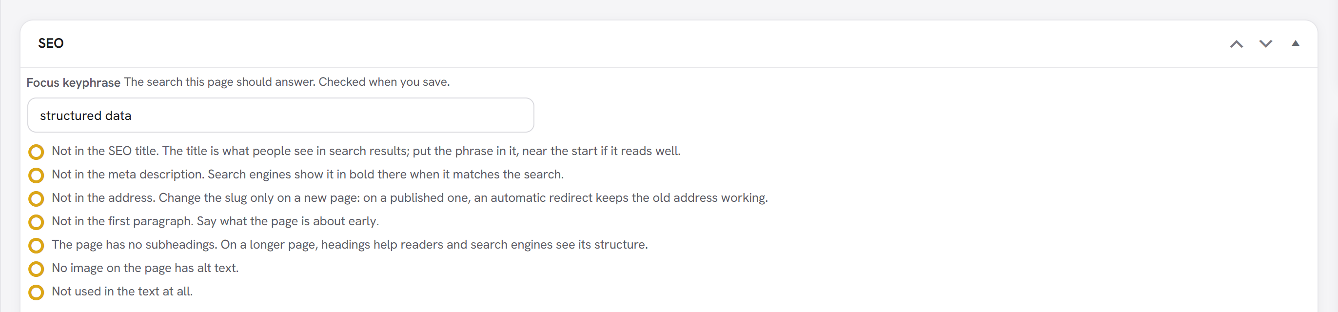 The Focus keyphrase field at the top of a page's SEO box, with each check listed below it