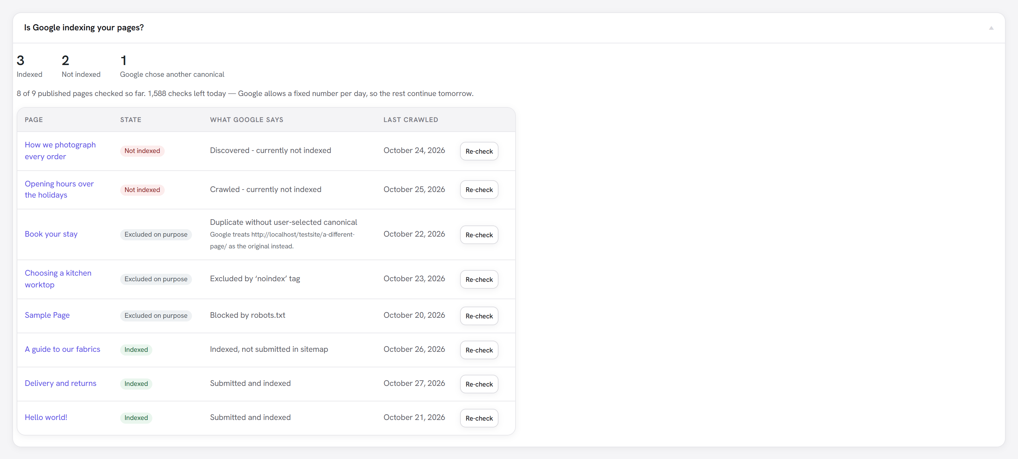 The Index coverage report: counts for indexed, not indexed and canonical conflicts, then a table of pages with what Google says about each