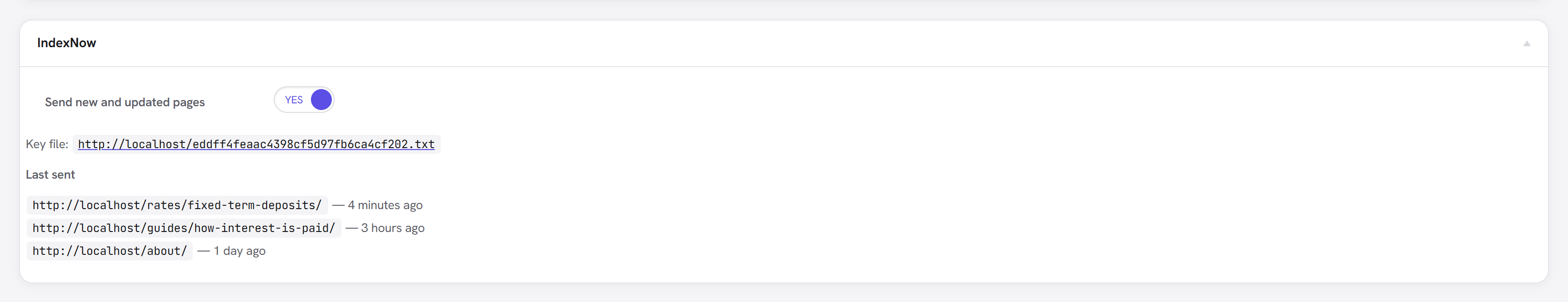 The IndexNow box on the Sitemap settings: the switch, the key file address and the pages sent most recently