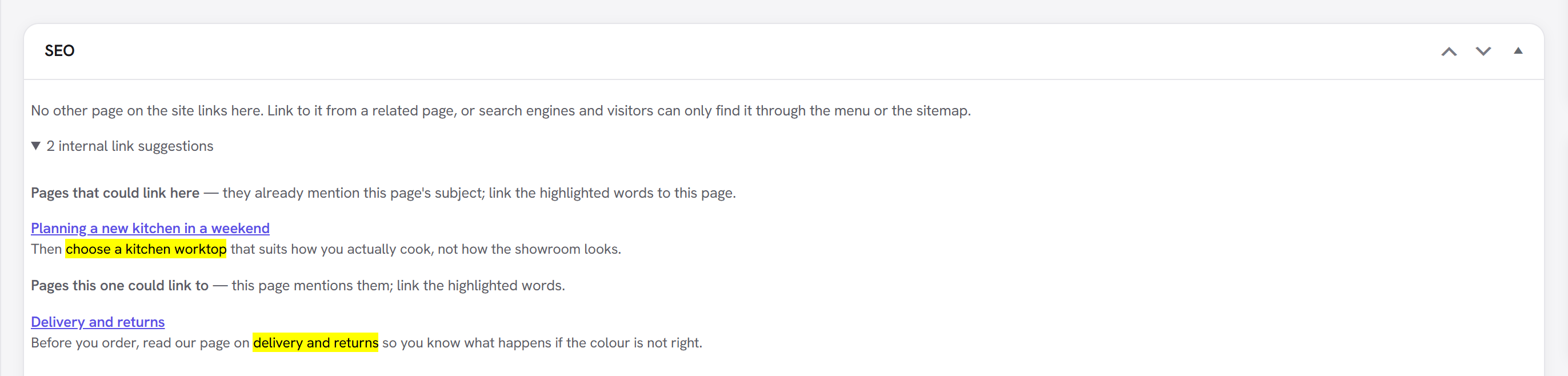 A post's SEO box with '2 internal link suggestions' open: a page that could link here, and a page this one could link to, each with its sentence and the words to link highlighted