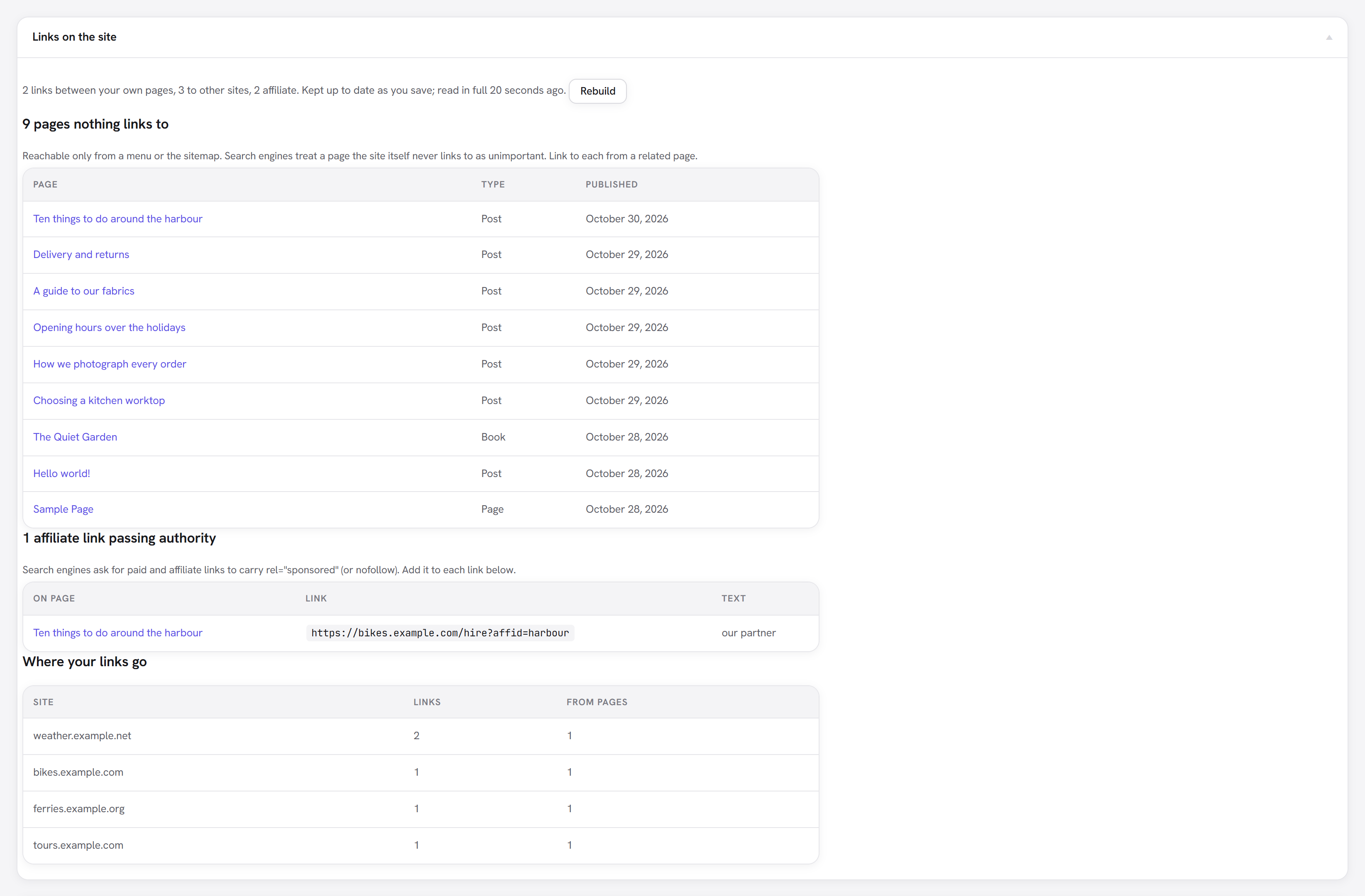The Links report: totals at the top, then the pages nothing links to, the affiliate links missing rel=sponsored, and the outside sites linked to most