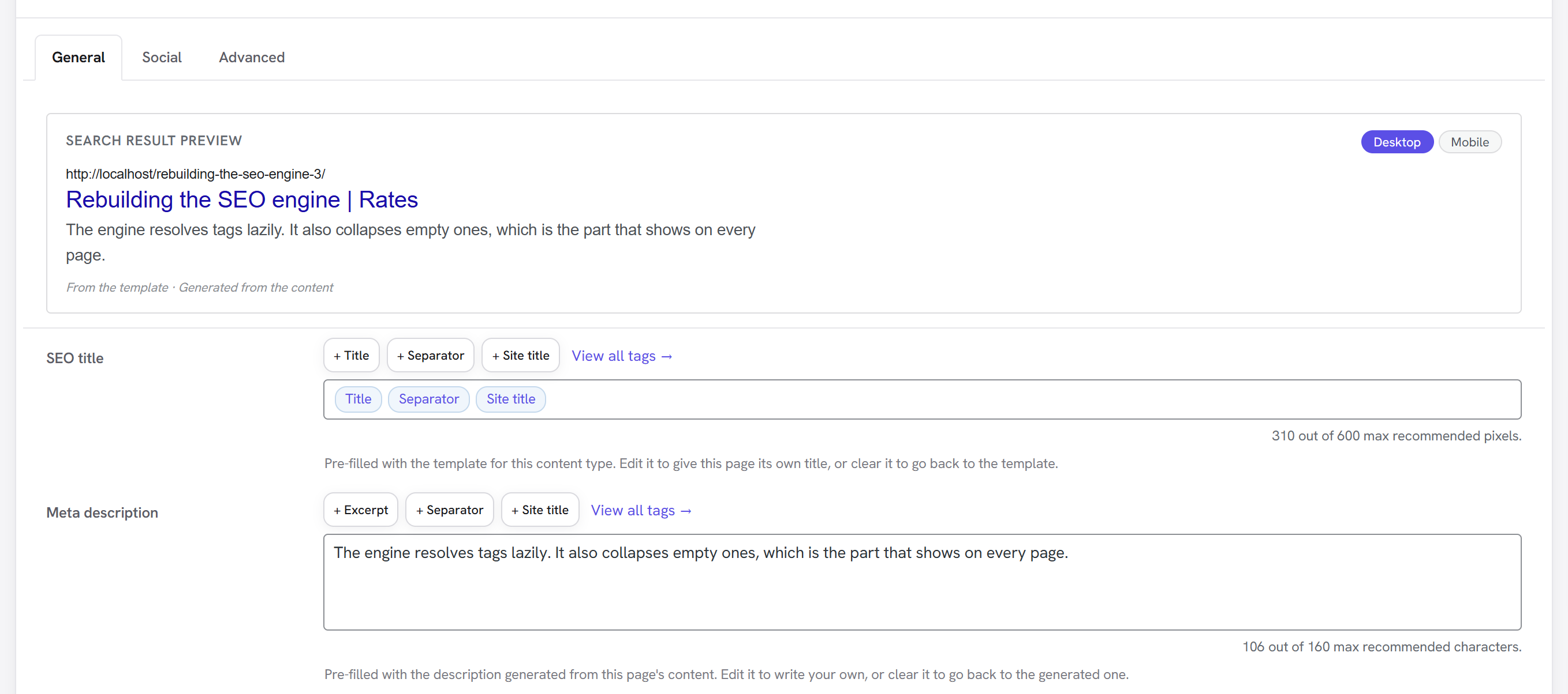 The per-page SEO panel: search result preview, SEO title with tag chips, and meta description with a character count