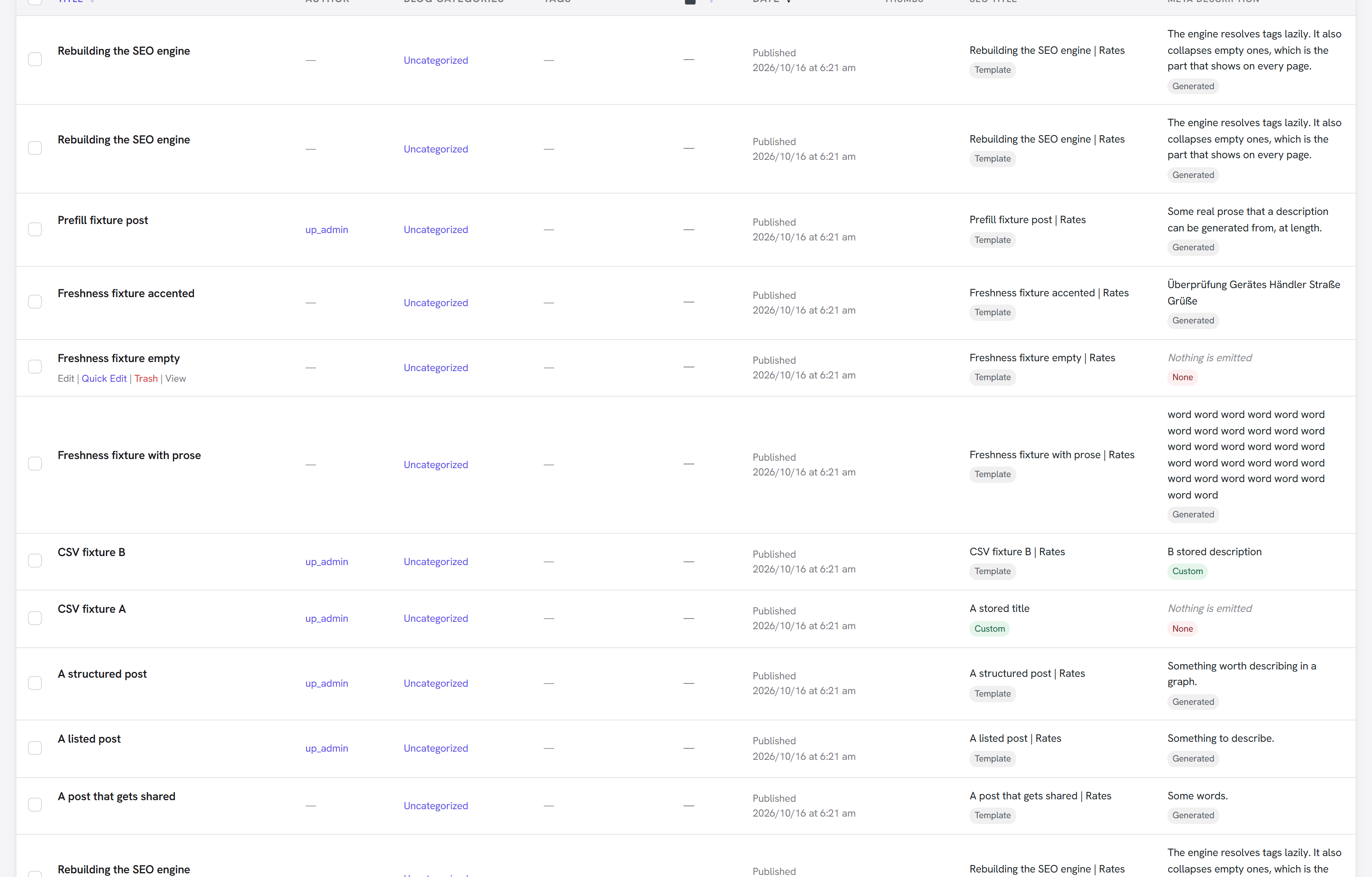 The posts list with SEO columns showing each page’s title and description state