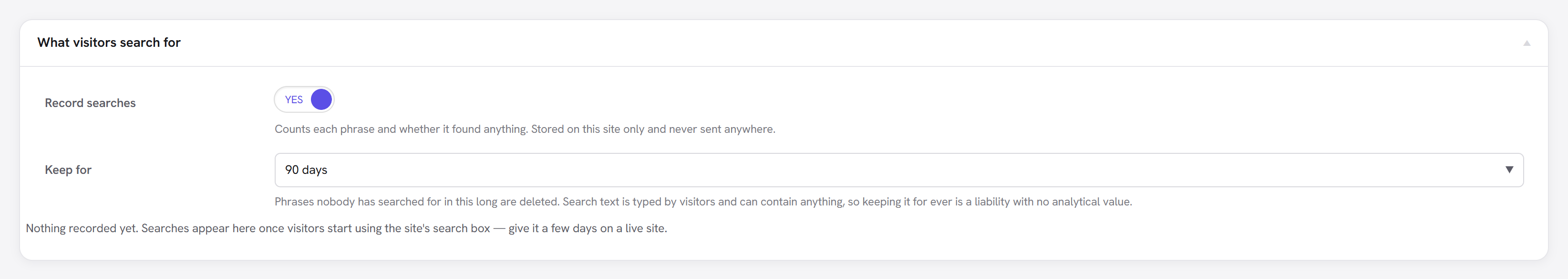 The site-search report, listing what visitors typed into the search box