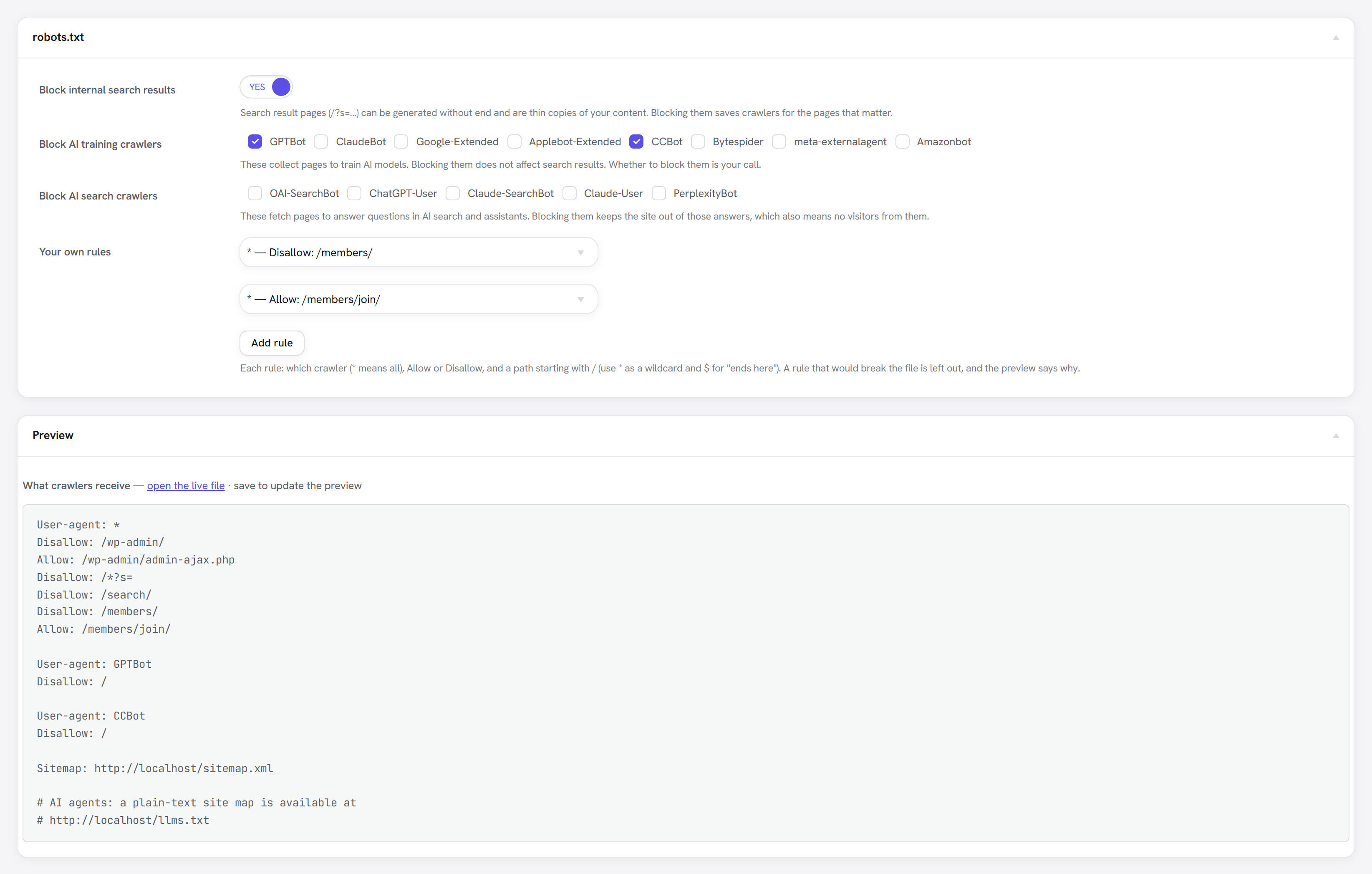 The robots.txt view: a switch to block internal search, checkboxes for AI training and AI search crawlers, a list of custom rules, and a preview of the finished file