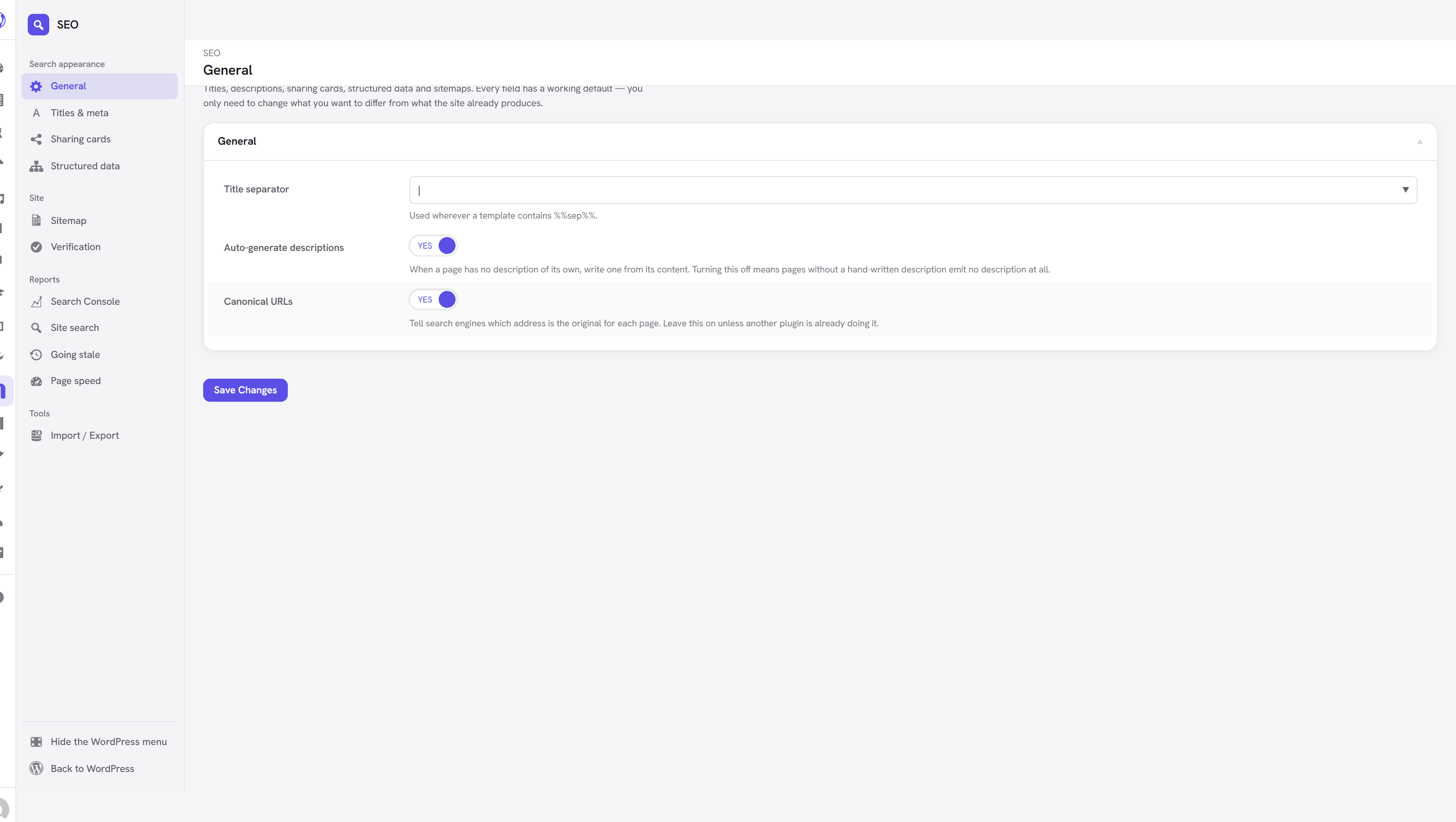 The Unyson+ SEO screen: the WordPress menu folded to icons, SEO’s own menu grouped down the left, and the General view