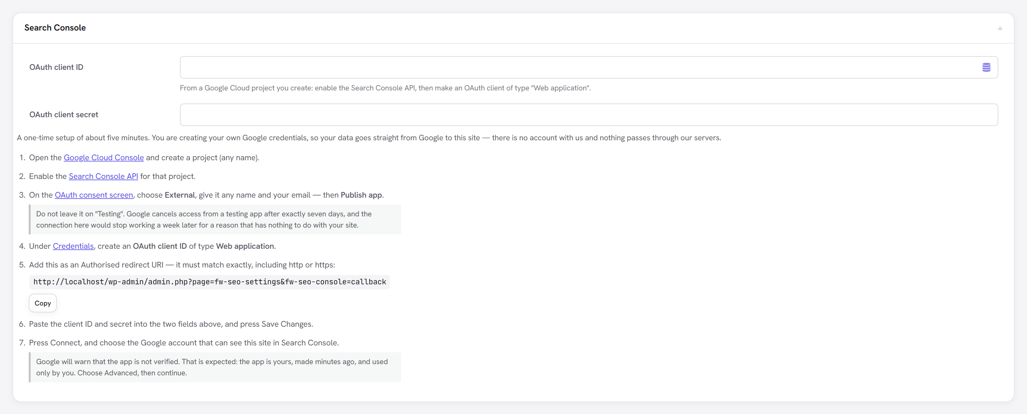 The Search Console setup walkthrough, with the redirect URI ready to copy