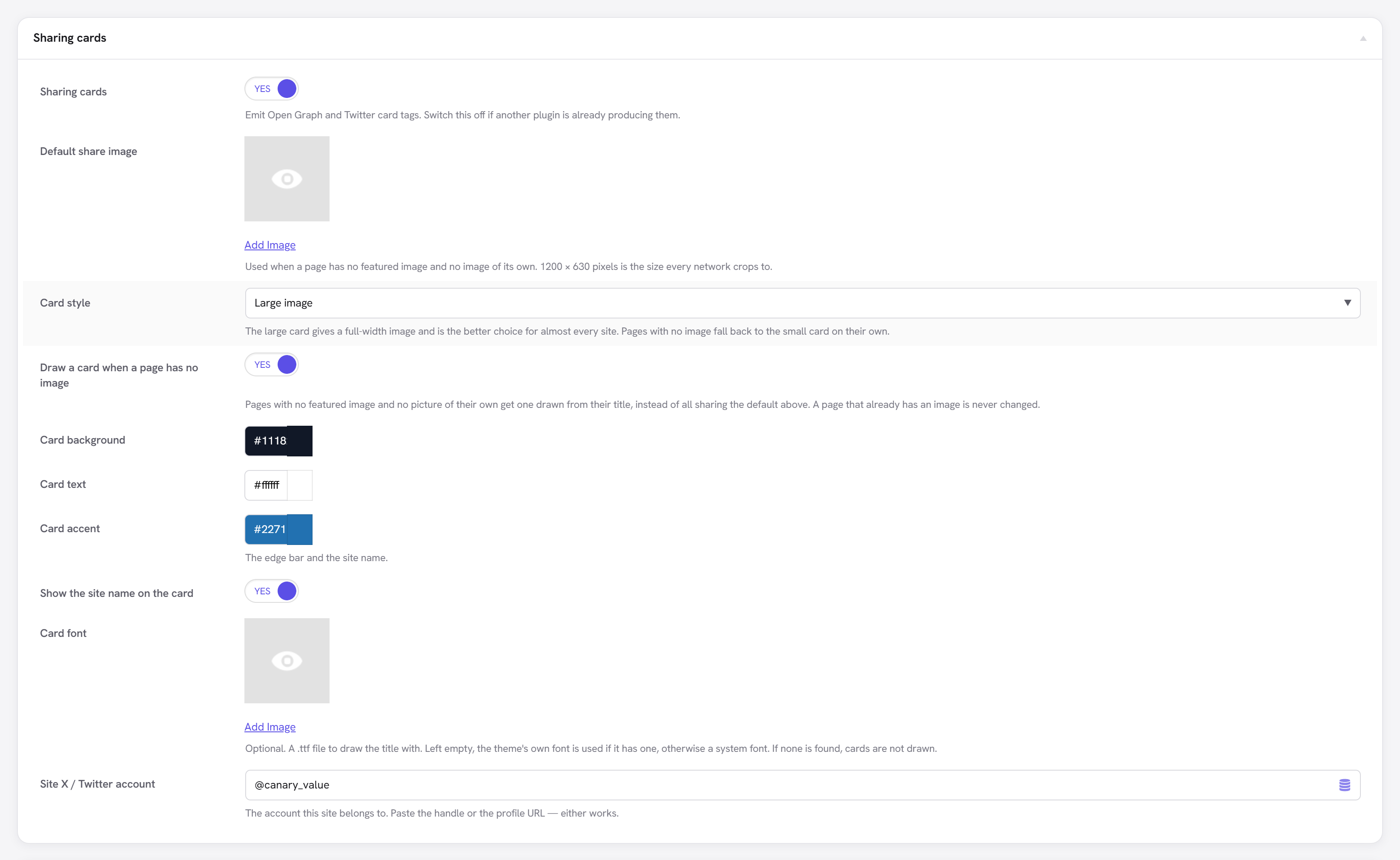 The Sharing cards settings: default image, card type, generated card colours and social profiles