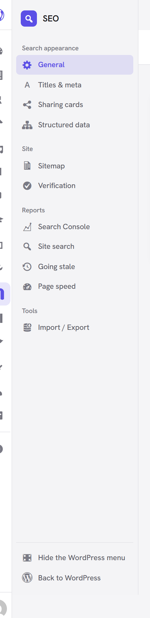 The SEO sidebar, grouped into Search appearance, Site, Reports and Tools