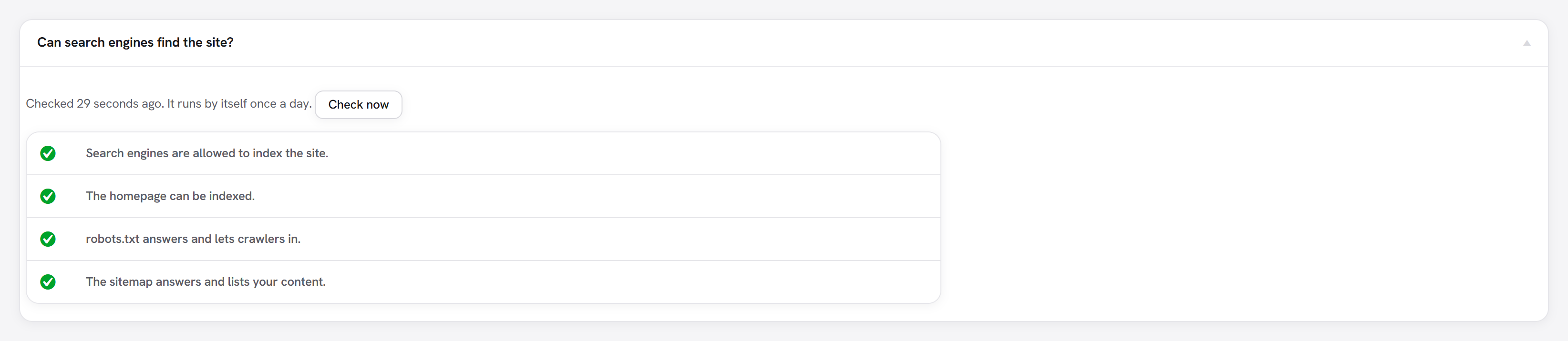 The Site health report: each check with a green tick or a red cross, what is wrong and what to do, and a Check now button